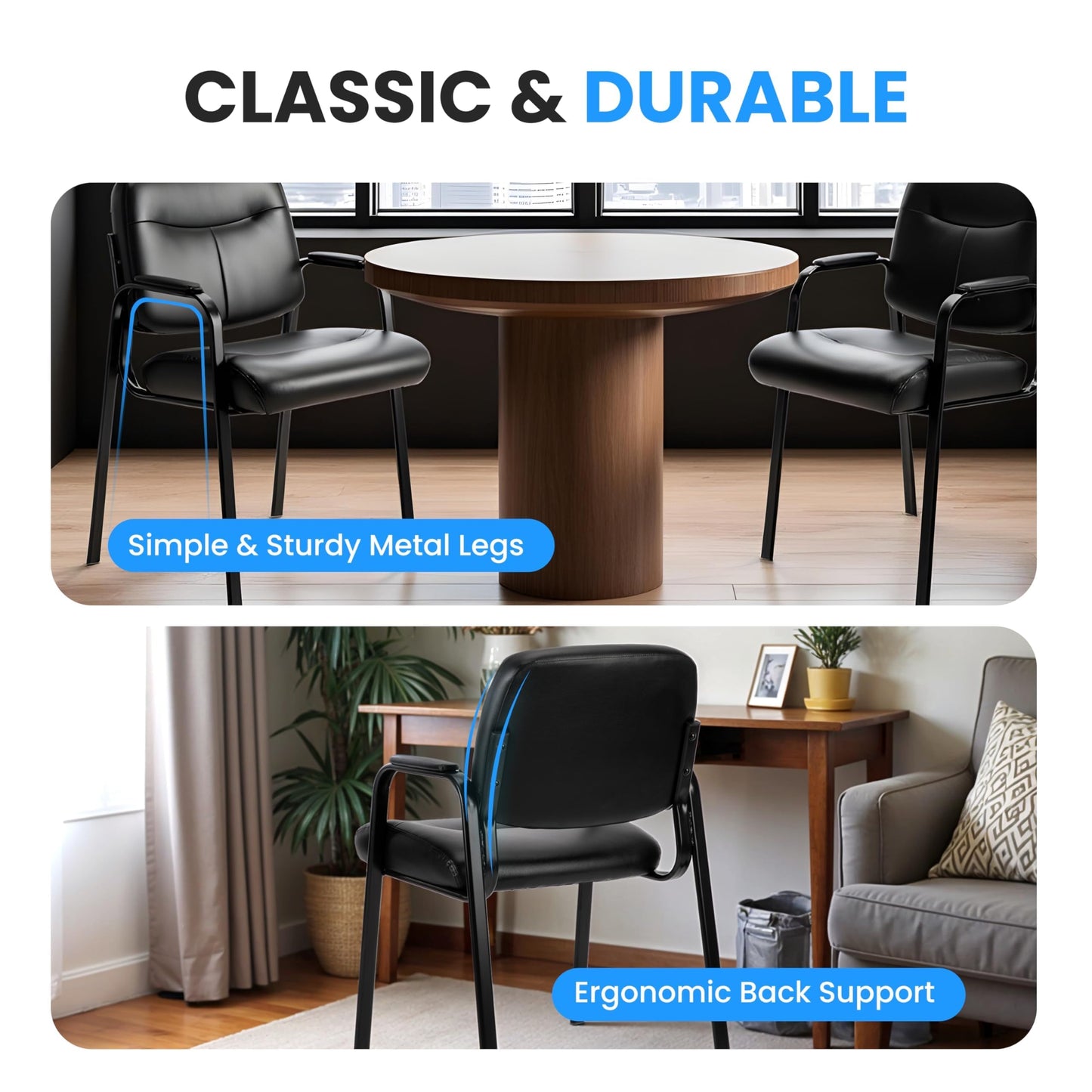 HealSmart Office Reception Guest Chair with Leather Padded Arm Rest for Waiting Room, Lobby Home Desk Table Side Chairs for Elderly, Seniors, Black
