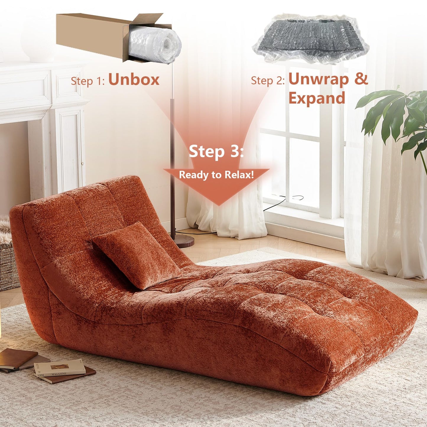 Huadeo Chaise Lounge Chair with Curved Back, Modern Upholstered Recliner Sofa, Tufted Accent Lounger Comfortable Lazy Chair for Bedroom, Apartment (Orange)
