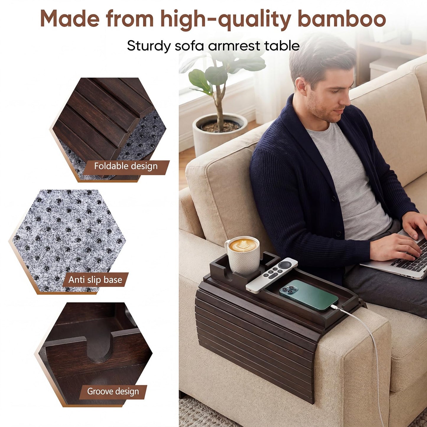 Dumbpec Bamboo Couch Arm Tray Table with Built-in Cup Holder, Foldable Anti-Slip Sofa Armrest Table for Drinks, Phone & Remote, Fits 4.7–16.9 in Armrests, Holds Cups up to 3.5 in Diameter (Brown)