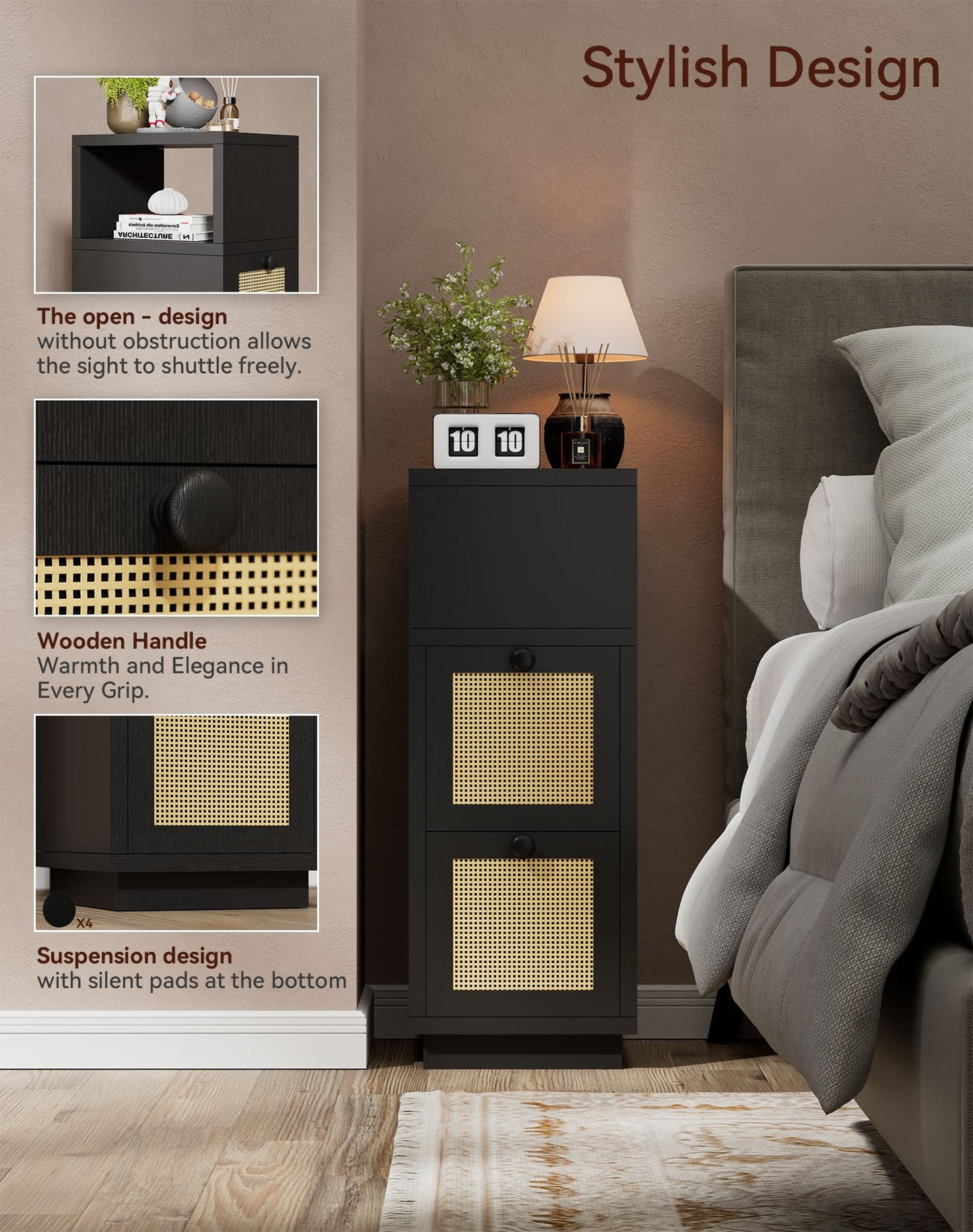 YMYNY Rattan Nightstands Set of 2, Boho Bedside Table with Open Shelf, 2 Drawers, 9.45" x 11.42" x 25.59", Narrow Side Table, Bedside Cabinet for Bedroom and Small Spaces, Black UHST017B-2
