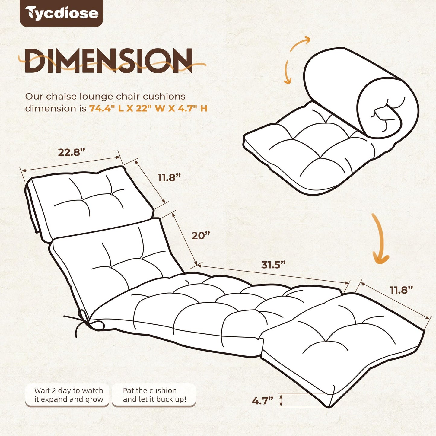 Tycdiose Outdoor Chaise Lounge Chair Cushion Replacement 74.4 x 22 x 4.7 Inches Memory Foam Waterproof Lounge Chair Cushions for Outdoor Furniture with Ties, Thickened Lounge Chair Cushions, Black
