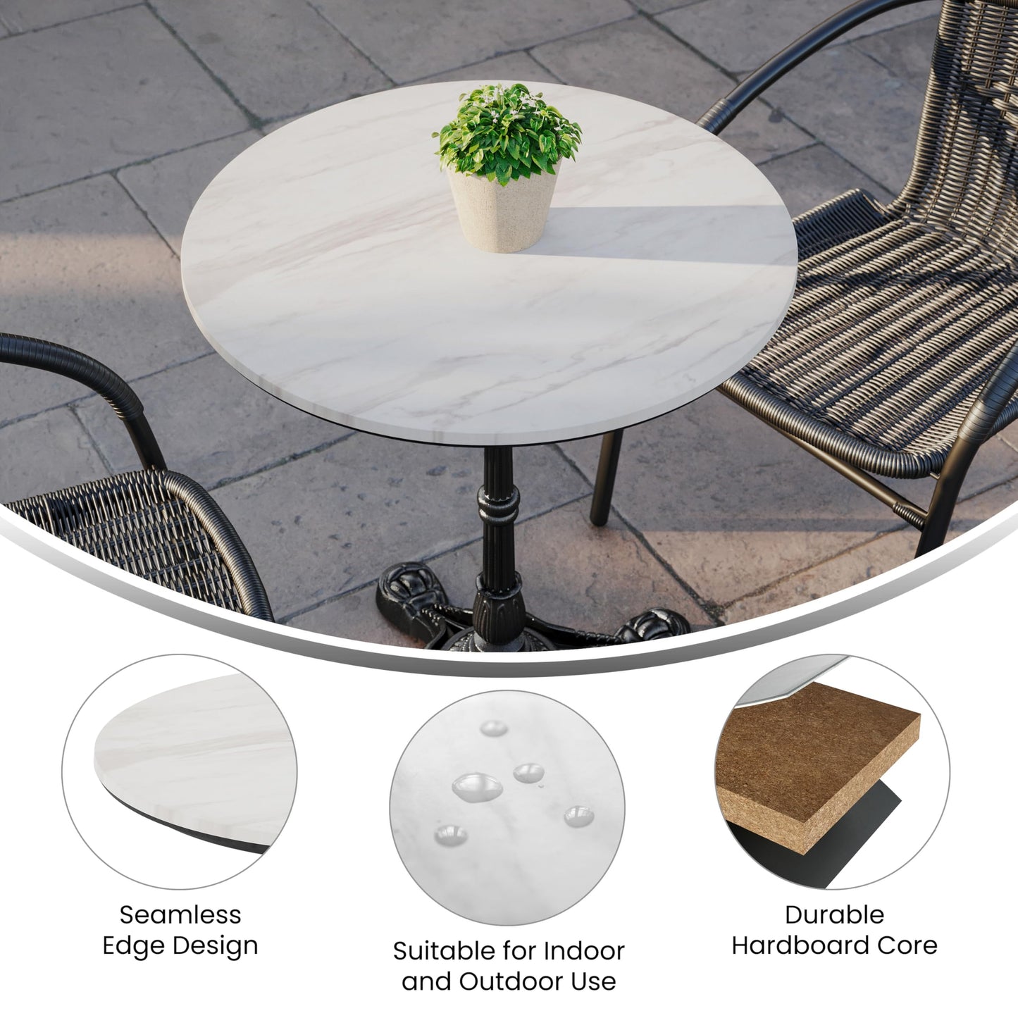 Flash Furniture Acadia 24" Round White Faux Marble Tabletop, TopGuard HPL Seamless Edge, Scratch & Stain Resistant, All-Weather Durability, Commercial Grade