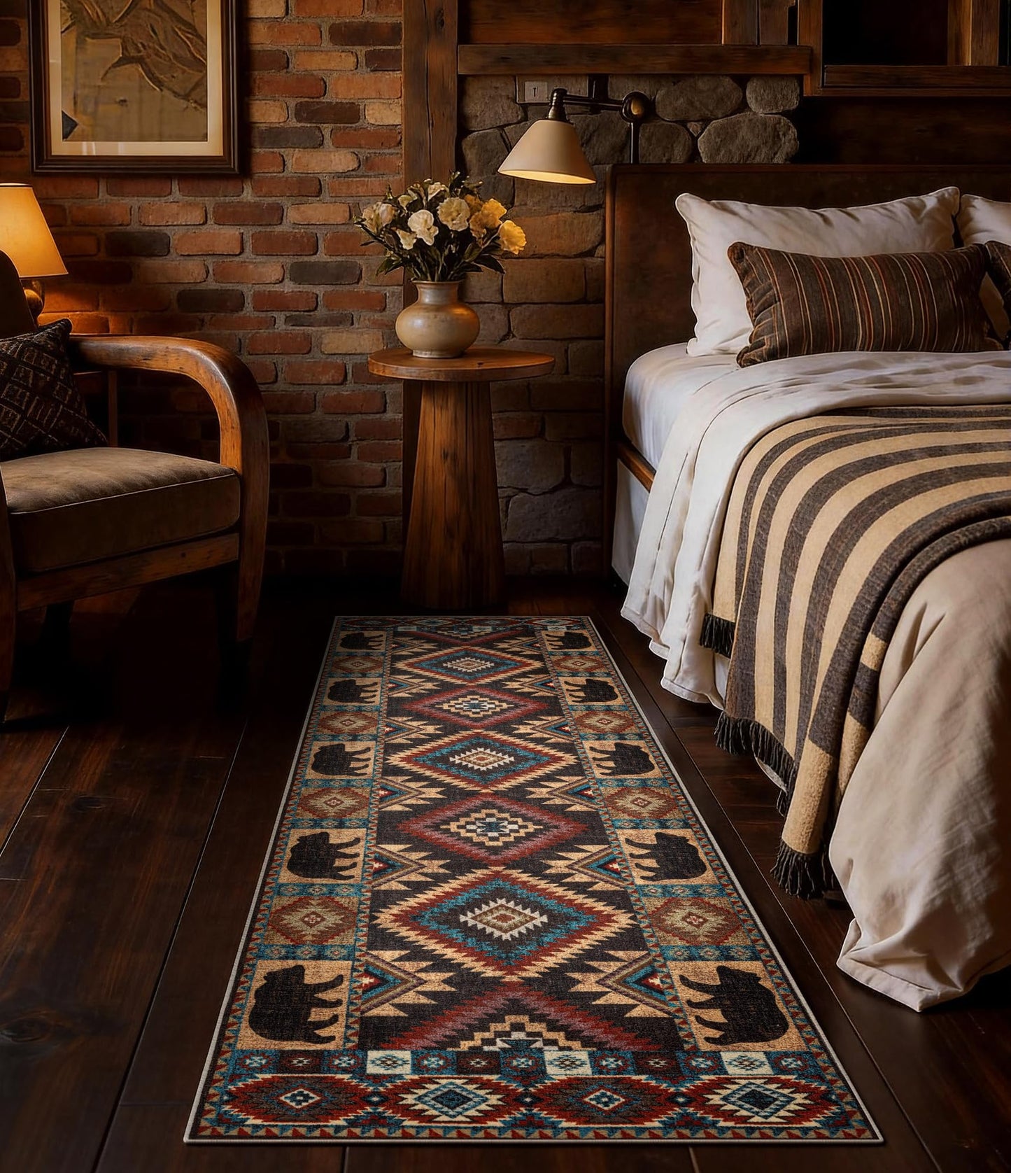 Hallway Runner Rug 2x6 Indoor Door Mat -Western Rug Bear Rustic Cabin Non-Slip Entryway Rug, Low Pile Tribal Print for Kitchen, Bedroom
