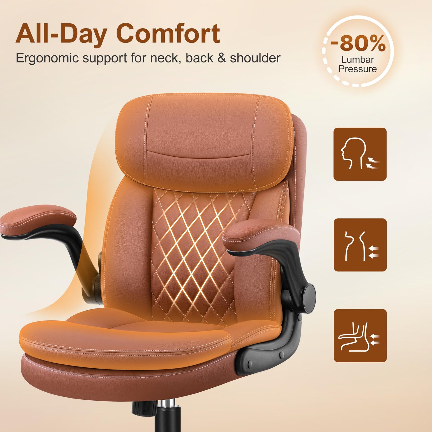 Leather Office Chair, Upgraded Double-Layer Seat Cushion and Neckrest PU Computer Desk Chairs, 360°Swivel, Ergonomic Small Gaming Chair with Wheels and Adjustable Armrests for Short People, Brown