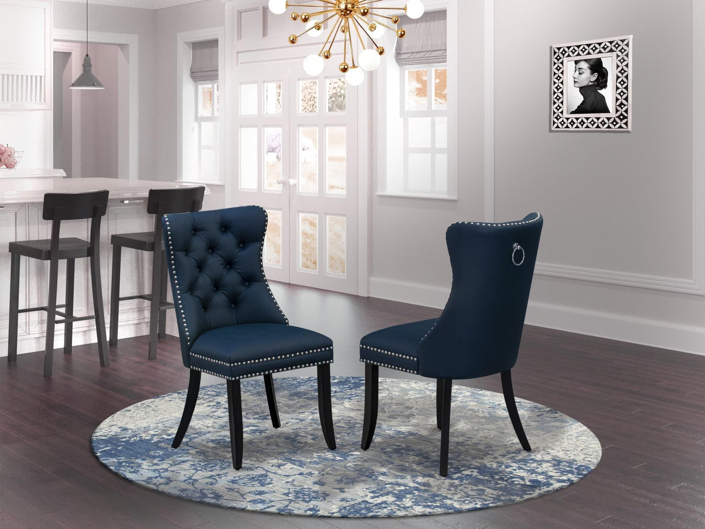 East West Furniture DAP6F29 Dallas Parson Kitchen Chairs - Button Tufted Nailhead Navy Blue Polyester Fabric Padded Dining Chairs, Set of 2, Wirebrushed Black