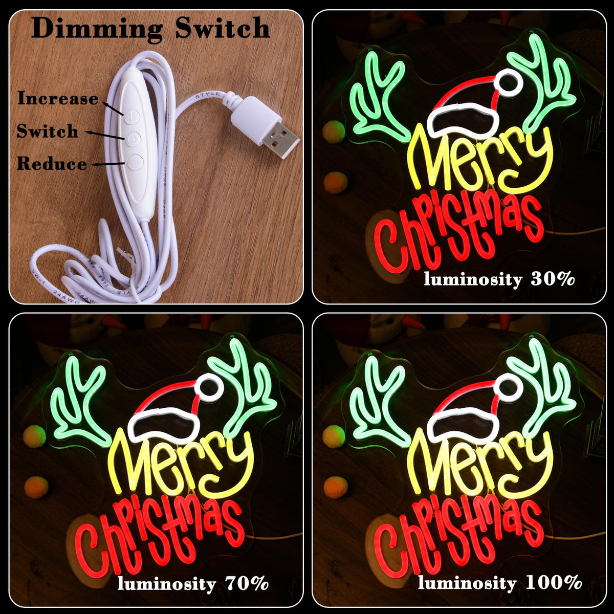 Merry Christmas Neon Sign with Deer Antlers and Santa Hat, Cute Happy New Year Decor for Home, Holiday Party Decorations, Xmas Lights for Wall Window Bar