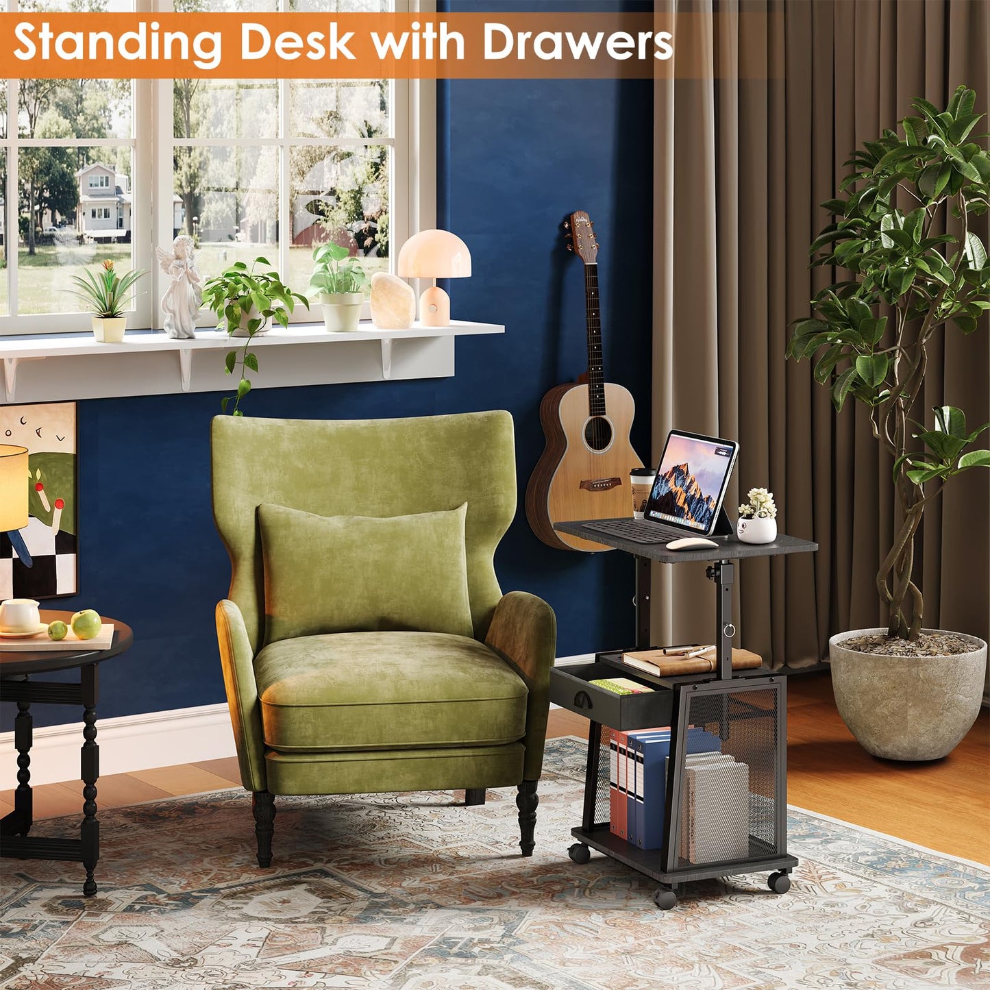 Height Adjustable Standing Desk with Wheels,Mobile Sit Stand Up Desk with Drawer,Rolling Laptop Computer Desk with storage,Portable Podium Teacher Stand Desk,Narrow Walking Pad Desk for Home Office