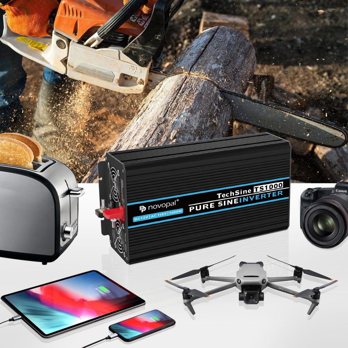 NOVOPAL 1000W Pure Sine Wave Power Inverter 1000 Watt 12V DC to 110V 120V AC,4 AC Outlets, 1 x USB Ports for Off-Grid Solar Car RV Truck Boat with 16FT Wired Remote