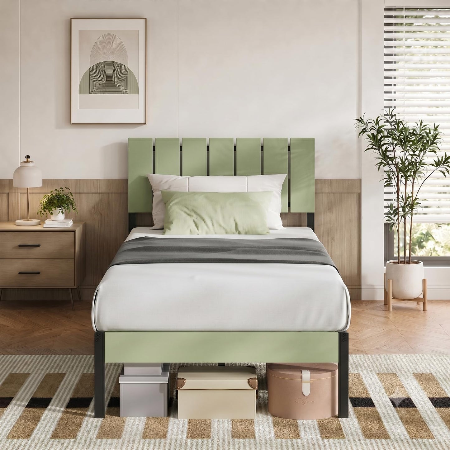 Novilla Twin Bed Frames with Wooden Slatted Headboard, Heavy Duty Scandinavian Metal Platform Frame, 800 LBS Capacity, No Box Spring Needed, Noise-Free & Under-Bed Storage, Easy Assembly