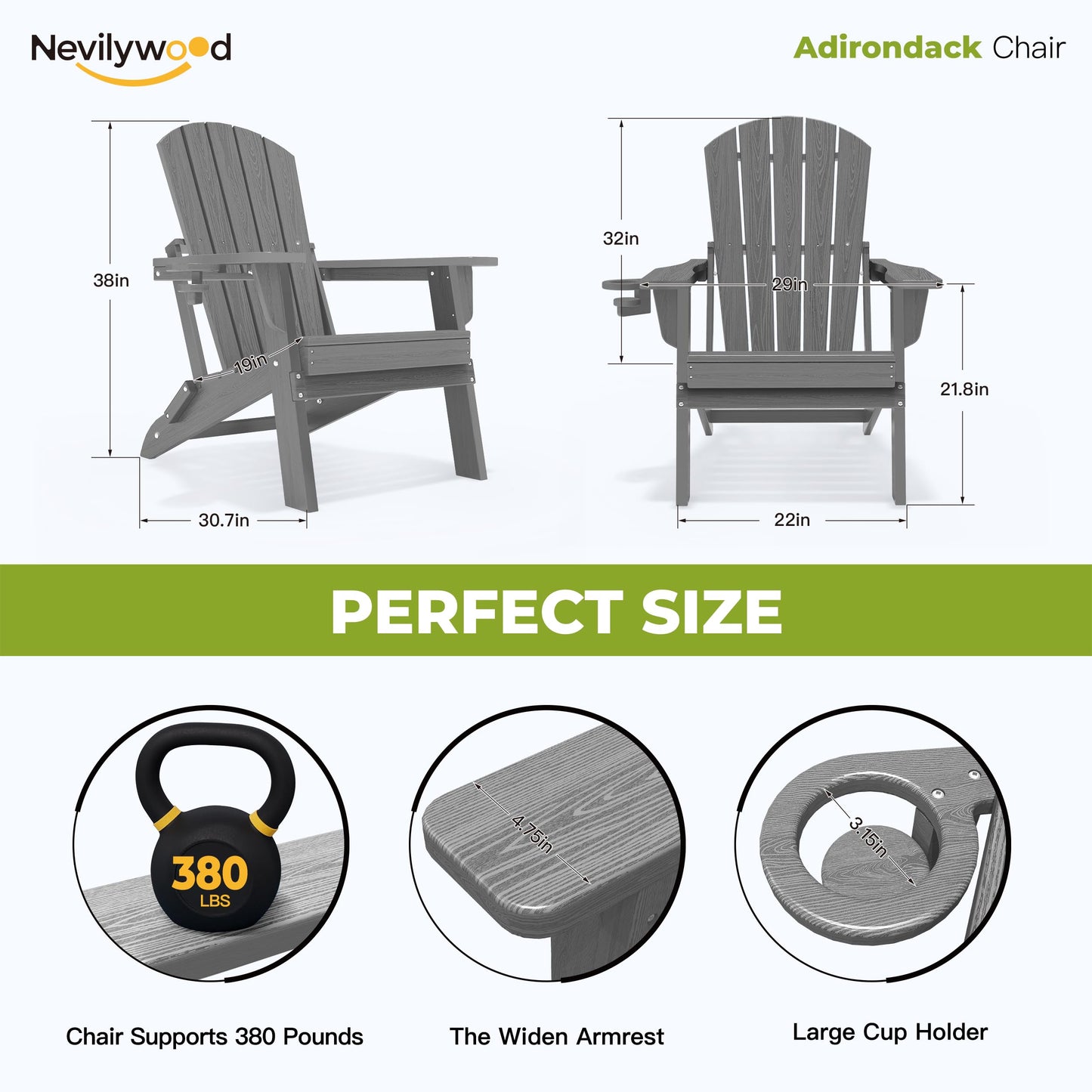 nevilywood Folding Adirondack Chair, Ergonomic, Cup Holder, 380lbs,Grey