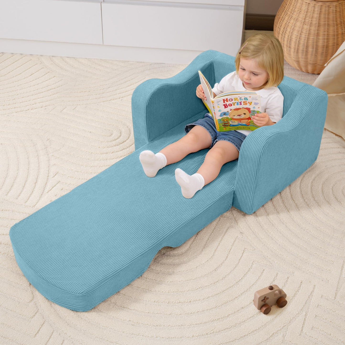 aodisman 2-in-1 Kids Chair and Couch, Thick Cozy Corduroy Kids Sofa, Convertible Foam Seating for Reading, Playing, Removable Washable Cover,Blue