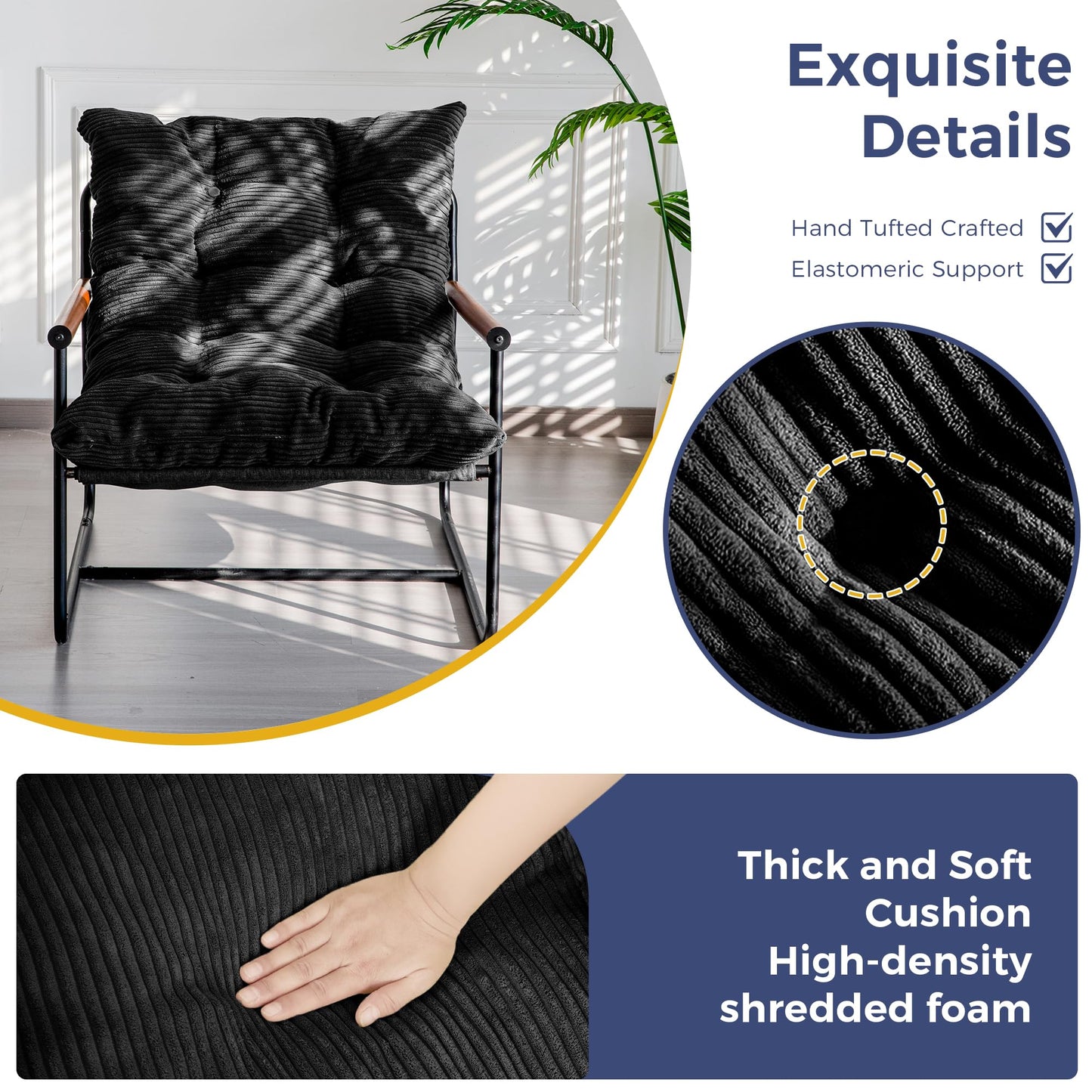 MAXYOYO Modern Accent Chair, Comfy Living Room Chair with Metal Frame Wooden Armrest, Upholstered Armchair with Soft Cushion for Bedroom Balcony Lounge Reading Room, Black
