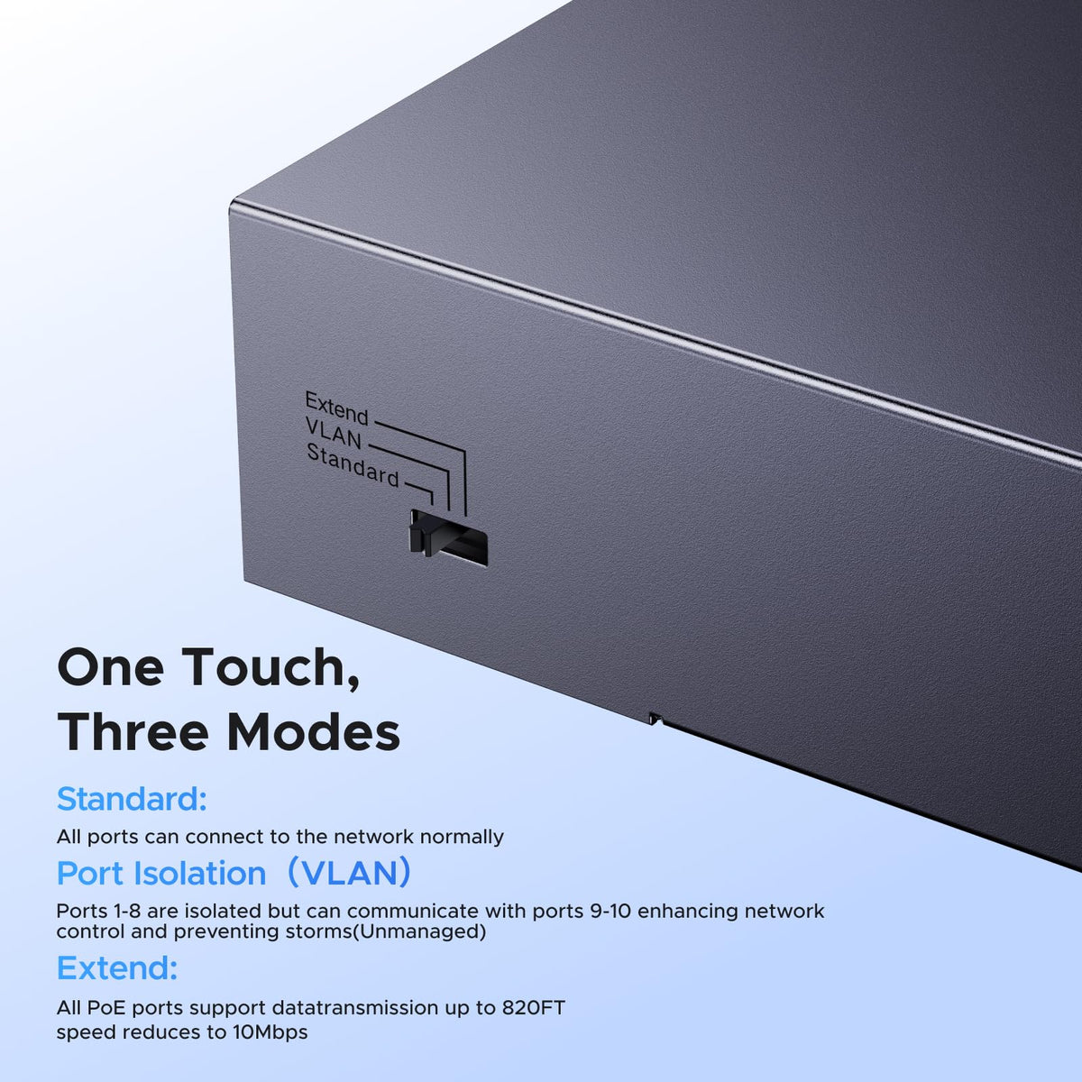 UGREEN Ethernet Switch, 10-Port PoE Switch, 8 PoE+@60W + 2 Gigabit Uplink, Plug & Play, Standard/Port Isolation(VLAN)/Extend Mode, PoE Auto Recovery, Metal Unmanaged Network Hub for Security Camera