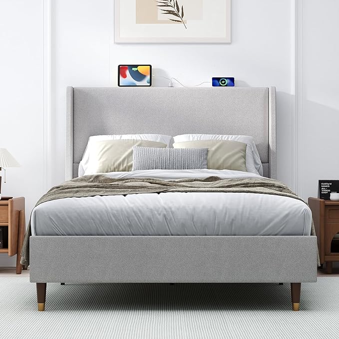 MALOL Full Size Bed Frame with Upholstered Headboard, Linen Fabric Platform Bed