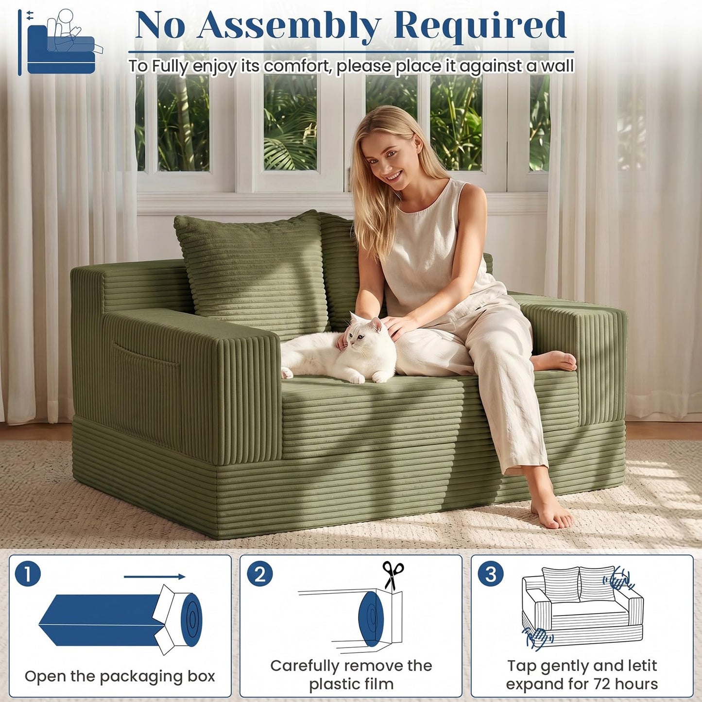 Convertible Sofa Bed,Small Boneless Couch & Boneless Loveseat,Pull Out Couch Bed for Small Spaces,Premium Luxe Corduroy Folding Floor Futon Sleeper with Side Pocket & 2 Pillows,No Assembly Required