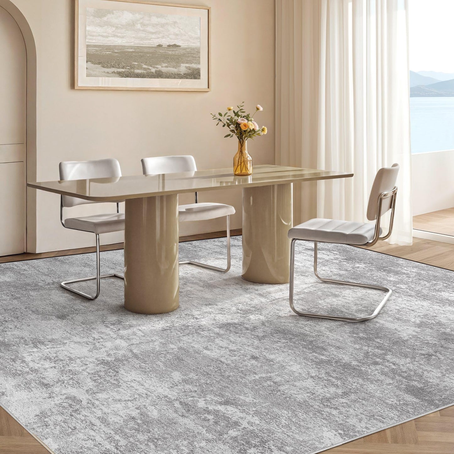 Micgeek Area Rug Living Room - 8X10 Abstract Washable Large Soft Foldable Non Slip Rug Neutral Modern Low Pile Carpet for Bedroom Nursery Dining Room Farmhouse Home Office Indoor - Light Grey