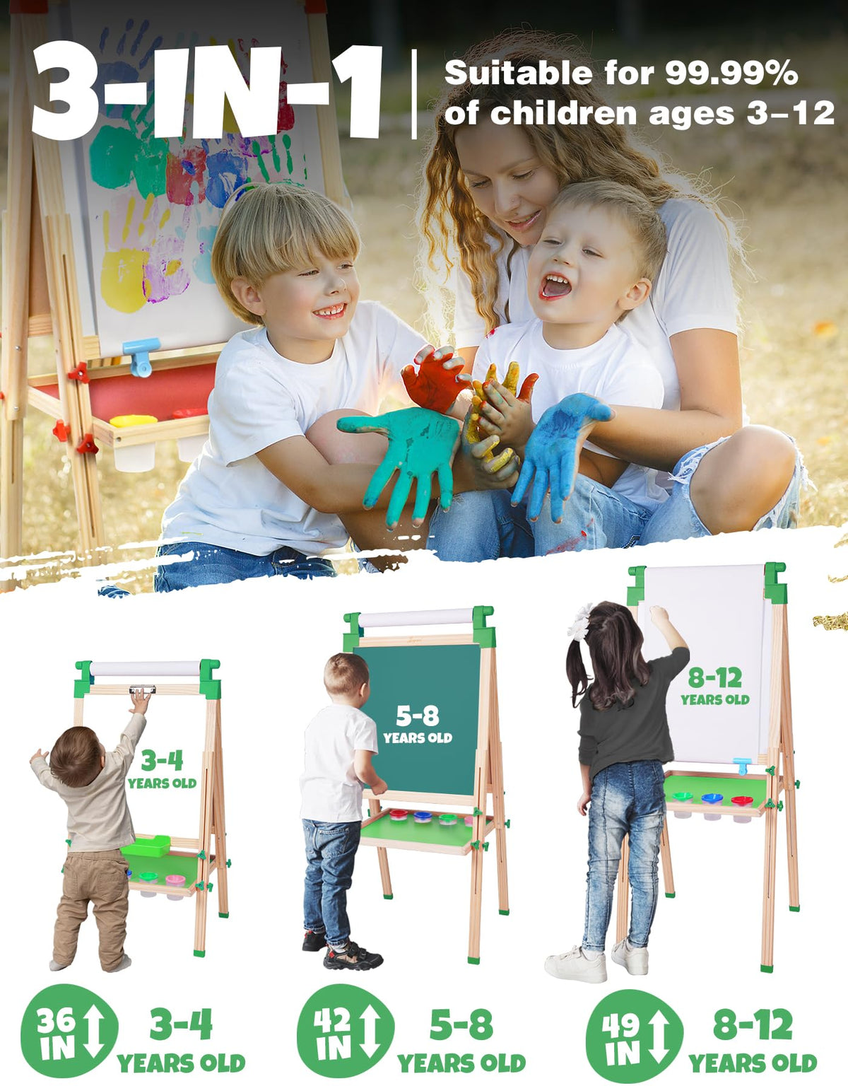 JOYOOSS Easel for Kids - Adjustable Wooden Art Easel with Paper Roll,Magnetic Double Sided Dry Erase Board,Outdoor Easel for Toddlers,Green