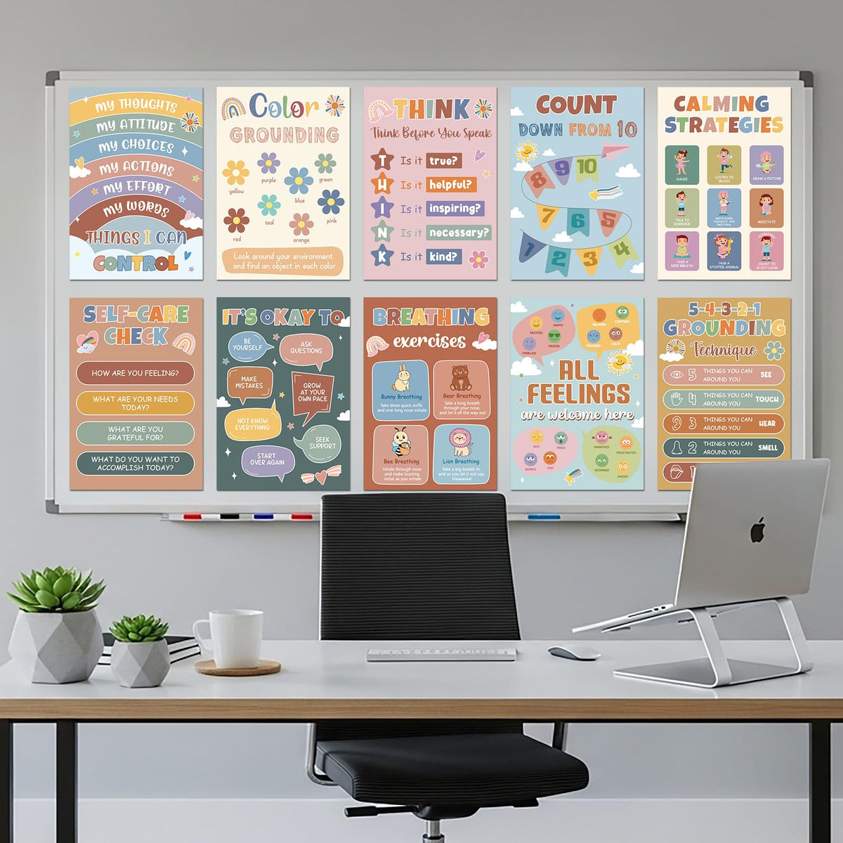 12Pcs Calming Corner Posters for Classroom Calm Down Boho Emotions Feeling Poster for Kids Inspirational Back to School Wall Decor Motivational Mental Health Posters for Office Home Teacher Supplies