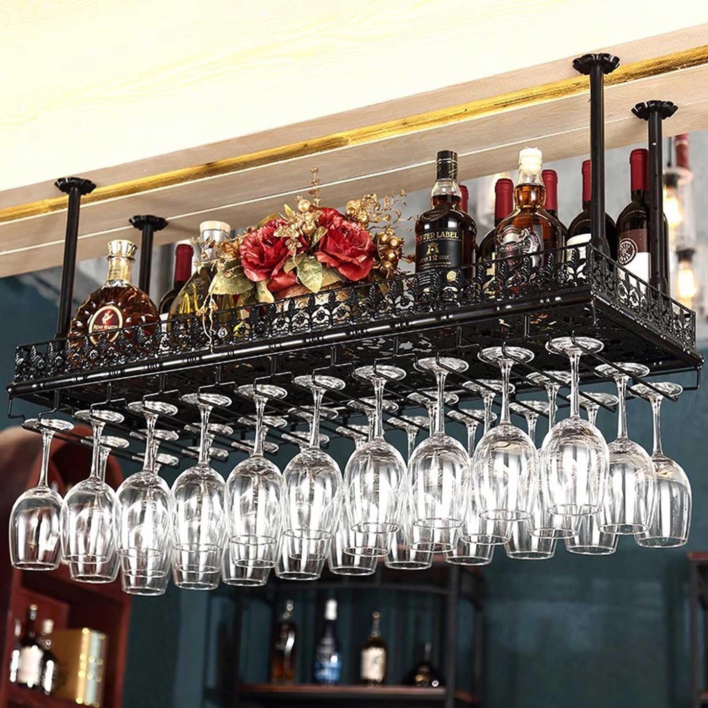 LWJQRSP European Hanging Wine and Coffee Glass Rack Adjustable Height Ceiling Bottle Holder Elegant Carved Design for Bars Restaurants and Cafés - Space-Saving Storage Solution