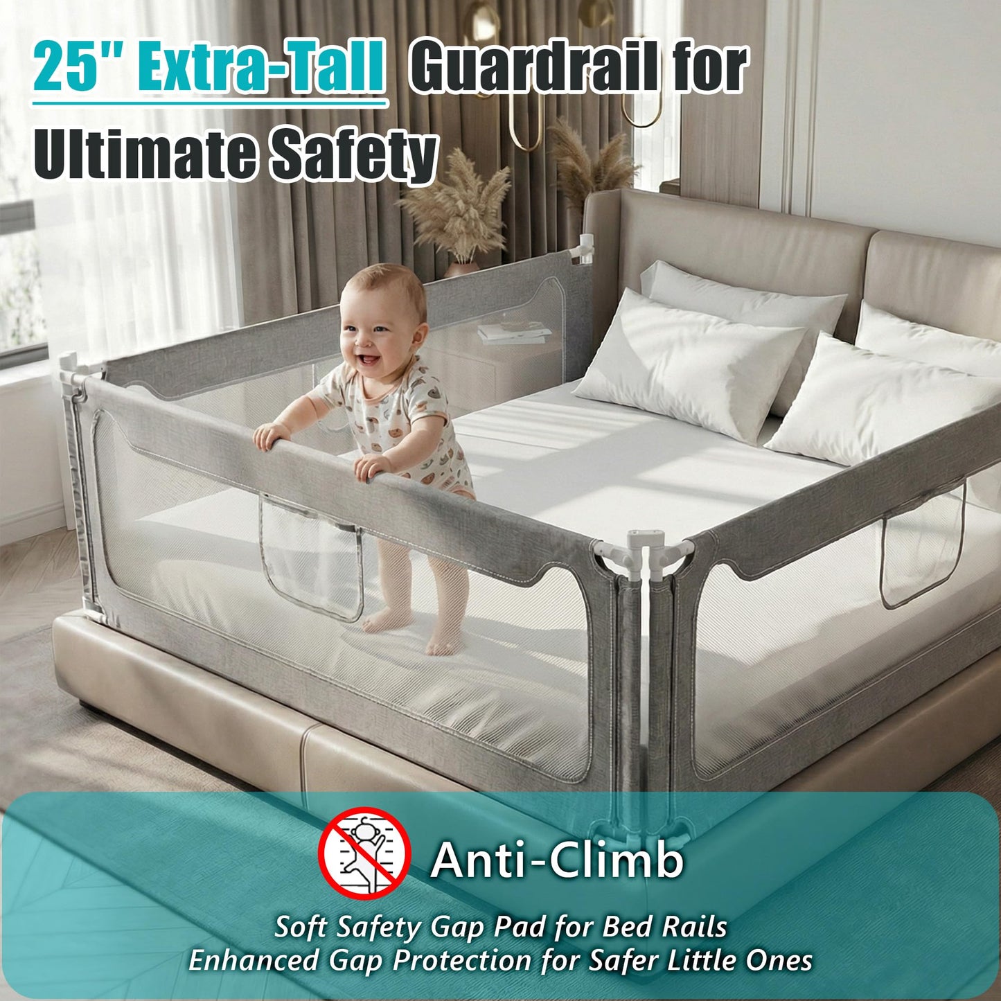 NurturaNook Twin Size Baby Bed Rail Guard – Extra Tall Safety Bedside Rail with Headboard Rod for Toddlers, Adjustable No-Gap Design, 3 Panels (2×74.8″ + 1×39.3″), Gray