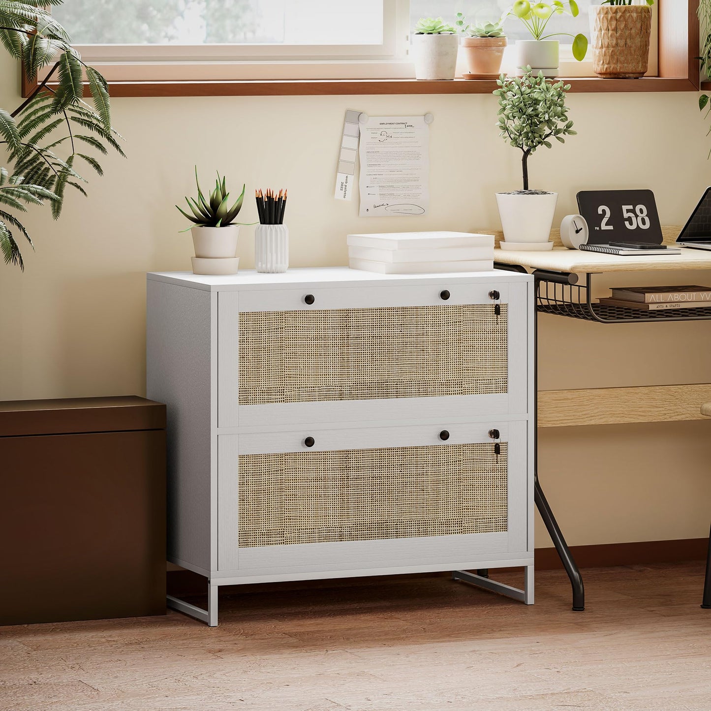 Vinsetto 2 Rattan Drawer File Cabinet with Lock, Lateral Filing Cabinet with Adjustable Hanging Bar for Letter, A4 and Legal Size Files, Printer Stand for Home Office, White