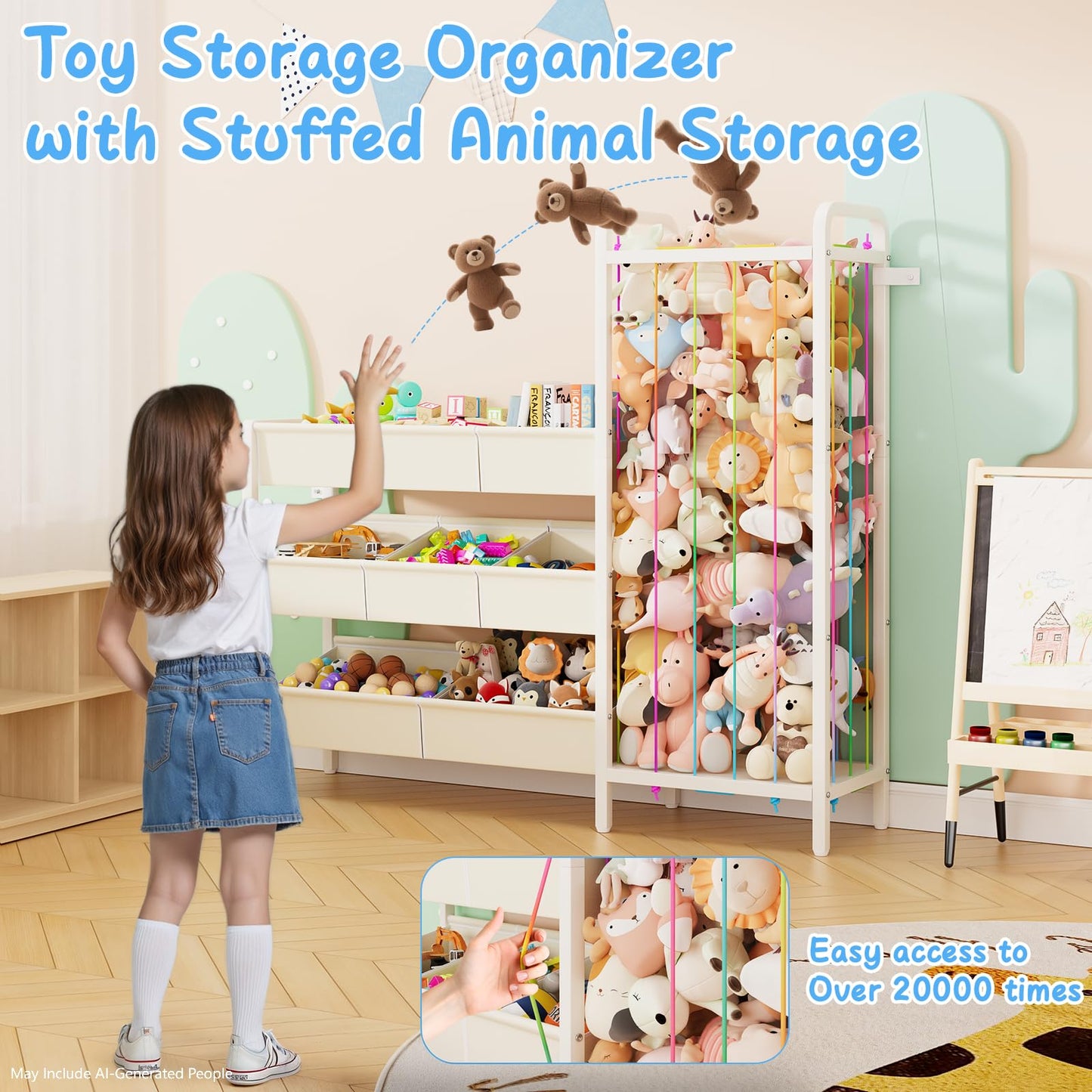 CYXPHION B6 Toy Storage Organizer with Stuffed Animal Storage, 3-Tier Wooden Shelves and 8 Bins, Toy Shelf Organizer, Kids Bookshelf and Toy Storage for Kids Room, Bedroom, Playroom, Nursery, White