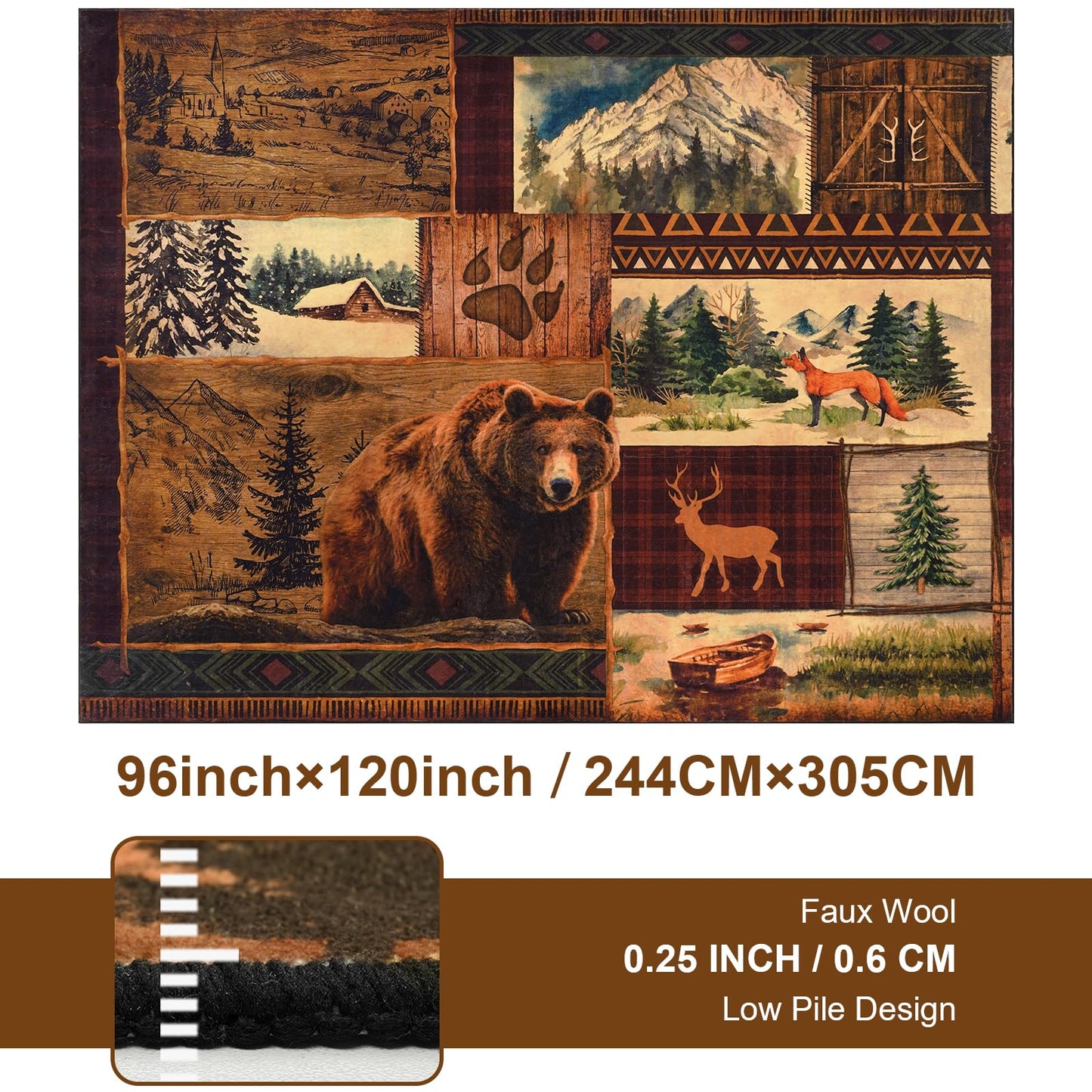 ASPMIZ Extra Large Rustic Area Rugs 8x10 Non-Slip Washable — Buffalo Plaid Log Cabin Bear Deer Fox Design, Vintage Soft Faux Wool Carpet Rugs for Living Room Dining Room
