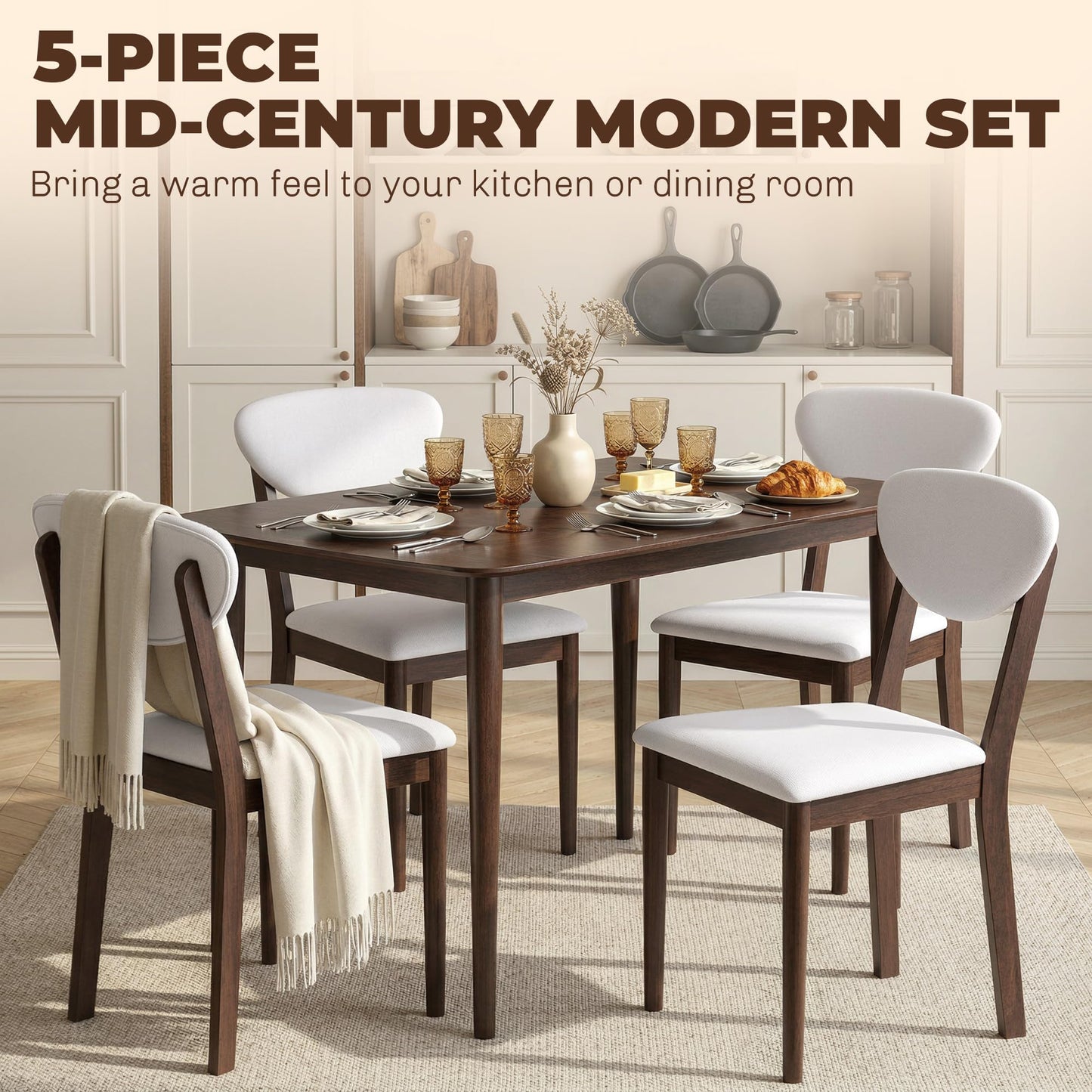 HOMCOM 5-Piece Dining Table Set for 4, Mid-Century Modern Kitchen Table and Chairs with Padded Seats and Backrests, Solid Wood Frame for Small Space, Dining Room, Living Room, Cream White