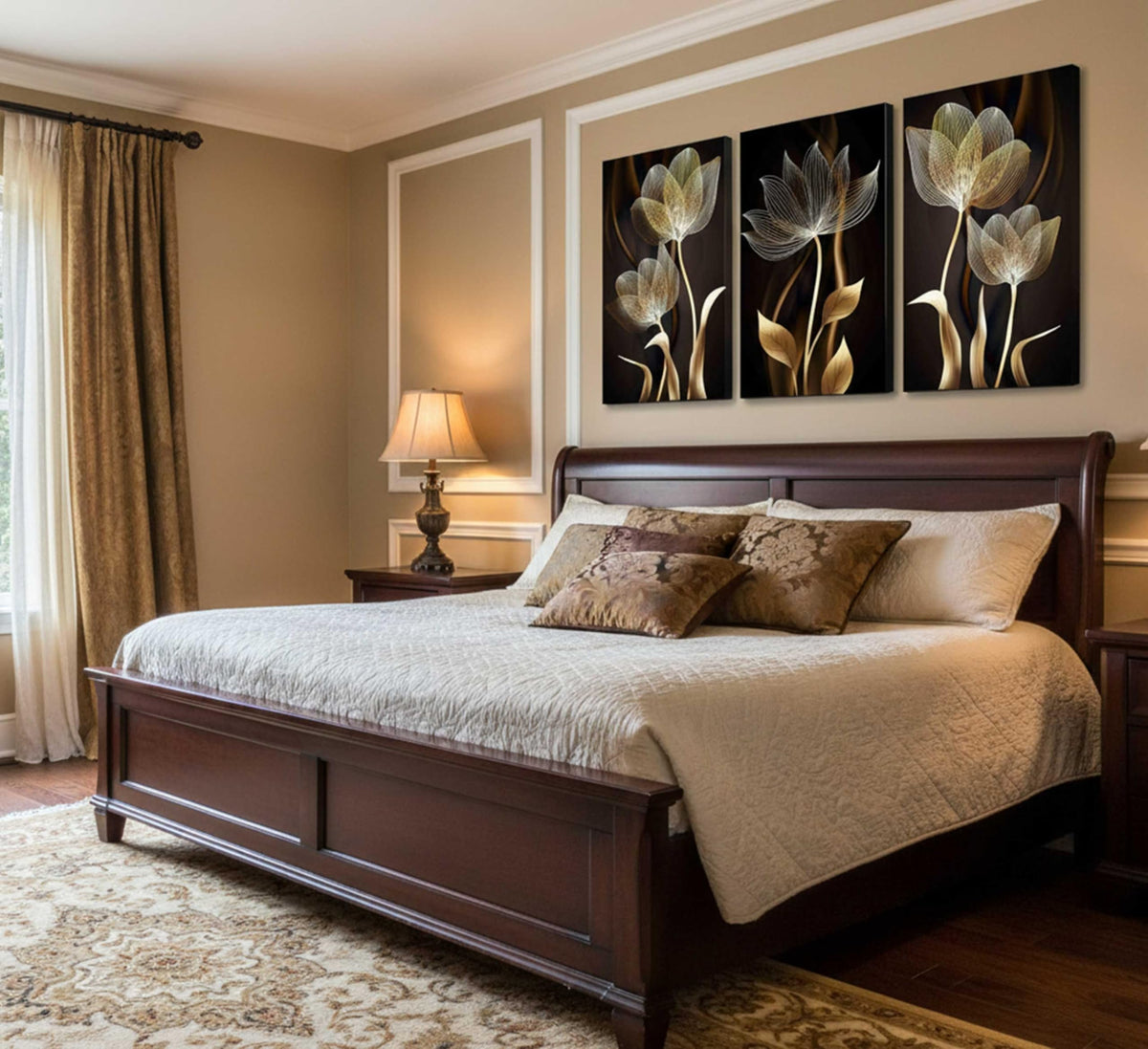 3 Pieces Modern Abstract Brown Flowers Canvas Wall Art Minimalism Black and Gold Floral Painting Pictures Luxury Wall Decor Posters Print Artwork for living room Office Bedroom Home Decoration