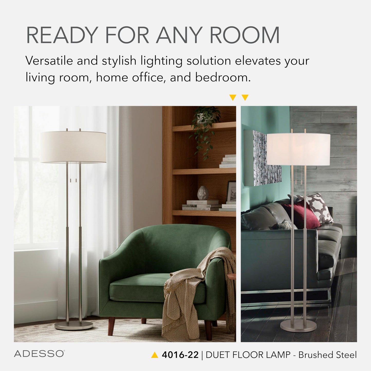 Adesso Brushed Steel Floor Lamp with Ivory Fabric Shade – Dual Pull Chain, Double Socket Design Accent Light for Bedroom, Living Room, or Home Office, 62” Tall