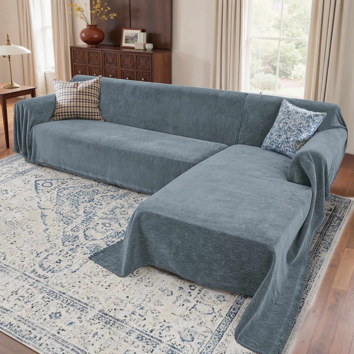Houmiggle Sectional Couch Covers, 2 Pieces Washable L Shaped Couch Covers Sofa Blanket for Dogs Pet Friendly Sectional Sofa Slipcovers Furniture Covers,71"x118"+91"x134",(XXX-Large,Dusty Blue)