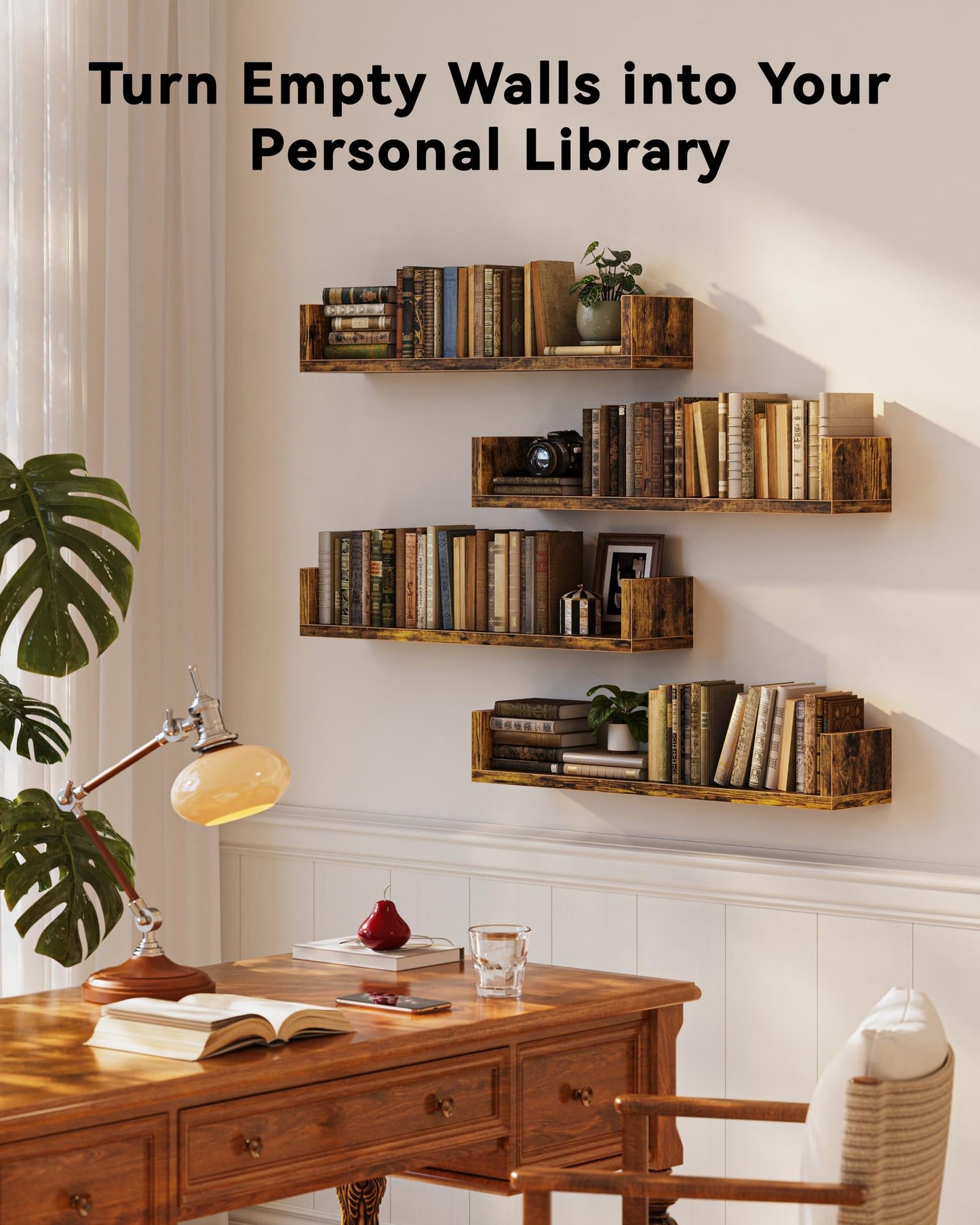Floating Bookshelves for Wall - Wall Mounted Bookshelf Set of 4, U-Shaped Hanging Bookshelf for Bedroom, Living Room & Office, Wall Book Shelf for Home Decor & Storage (4, Rustic Brown, 23.63 Inches)