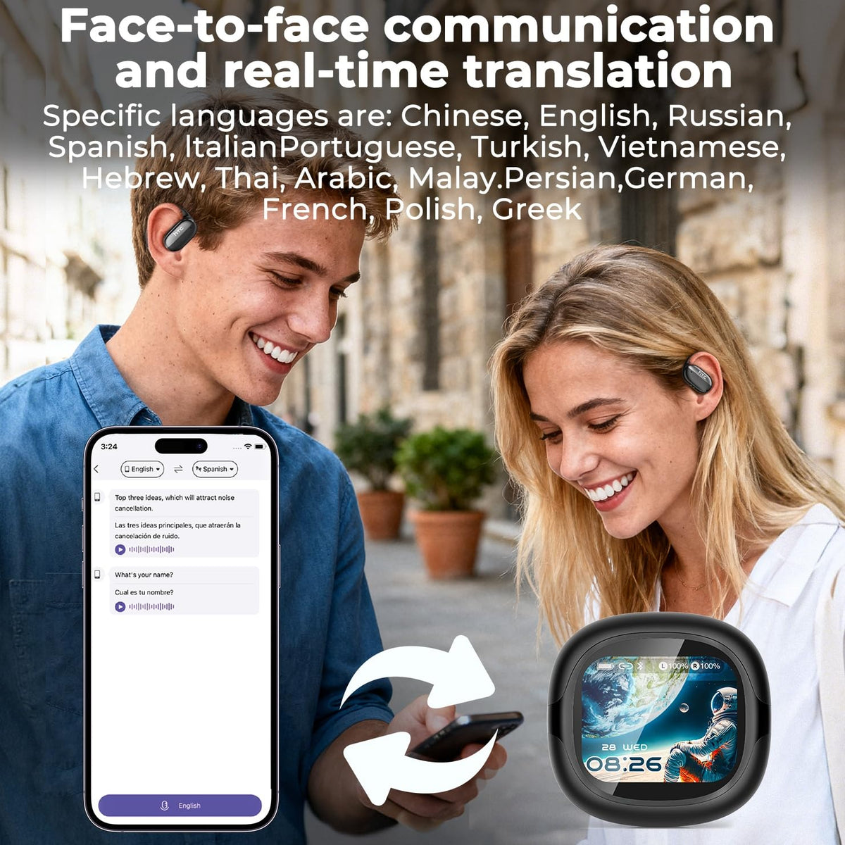 NE58 AI Translation Earbuds Real Time, 134 Language Translator Wireless Bluetooth 6.0 Open Ear Earbuds, LED Touch Screen, Noise Cancelling Translate Ear Buds for Travel & Business Meetings (White)