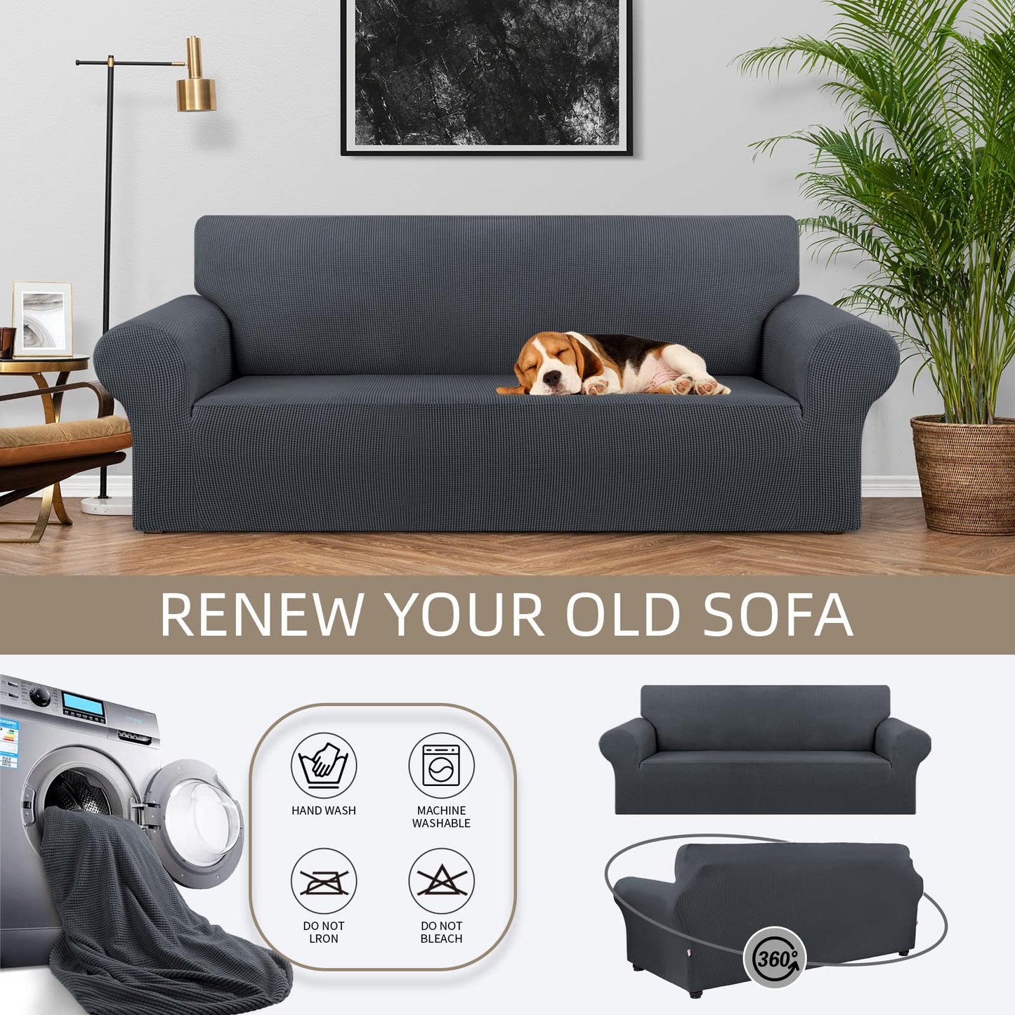 KEKUOU Stretch Sofa Cover Slipcover ，Couch Covers for 3 Cushion Couch Sofa pet Friendly (78"-94") Furniture Protector Sofa with Elastic Bottom for Kids,Dog, Jacquard Small Checked(Large,Charcoal)