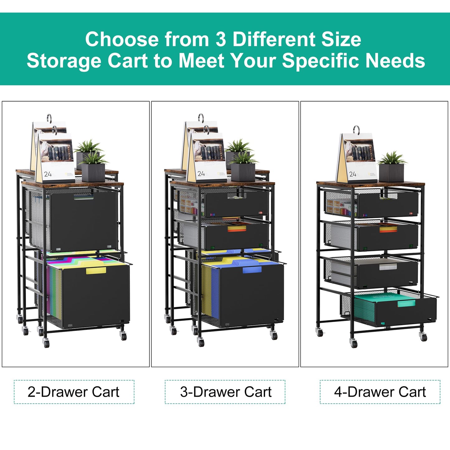 Solinxe 3-Drawer Storage Organizer, Under Desk Rolling File Cart with Lockable Wheels, Hanging File Folder Organizer for Letter Size, Utility Craft Cart Filing Cabinet for Home Office,Black