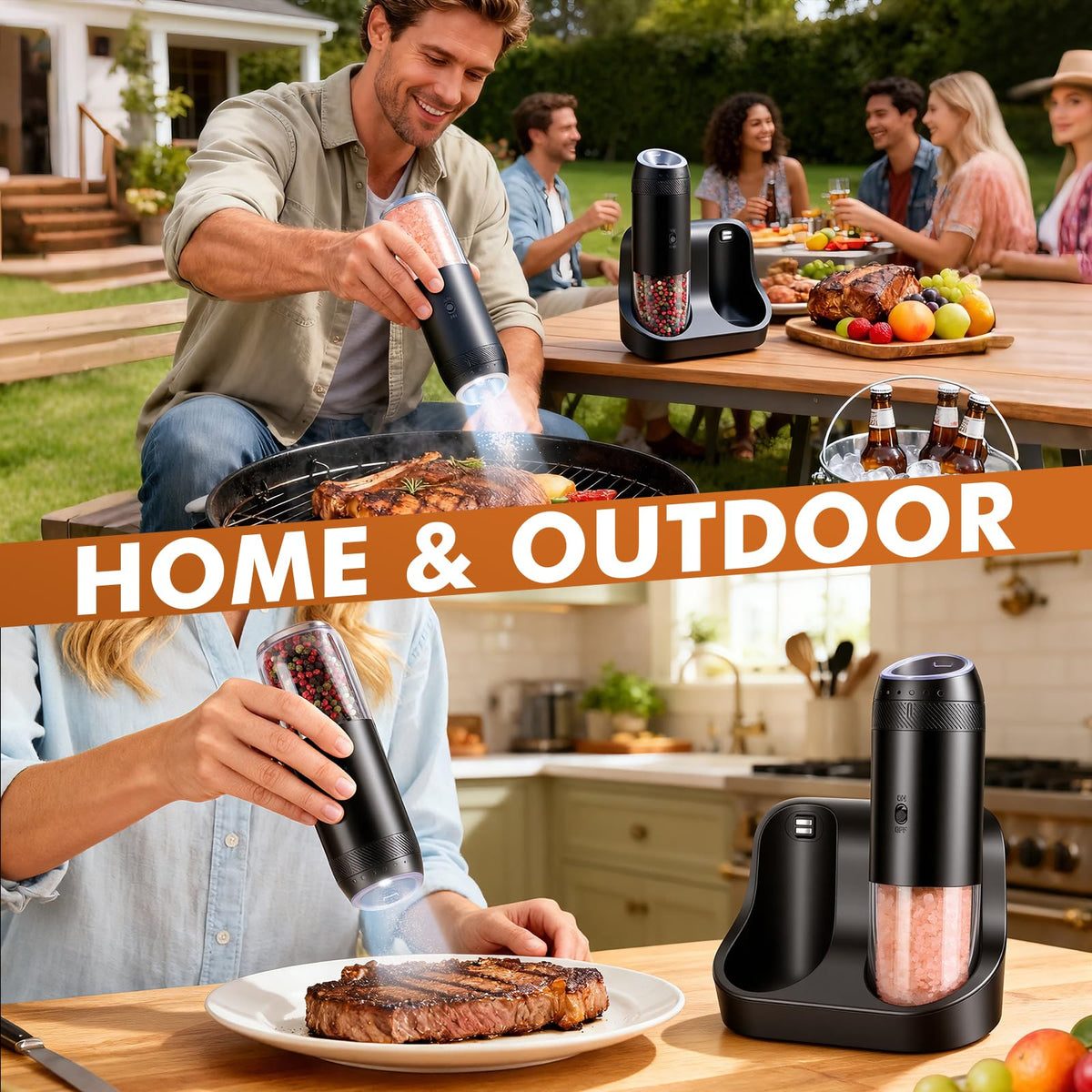 Electric Salt and Pepper Grinder Set, Automatic Gravity Sensor Grinder with Rechargeable Base, External Adjustable Coarseness (6 Levels), LED Light, Automatic Shakers for Kitchen & Outdoor