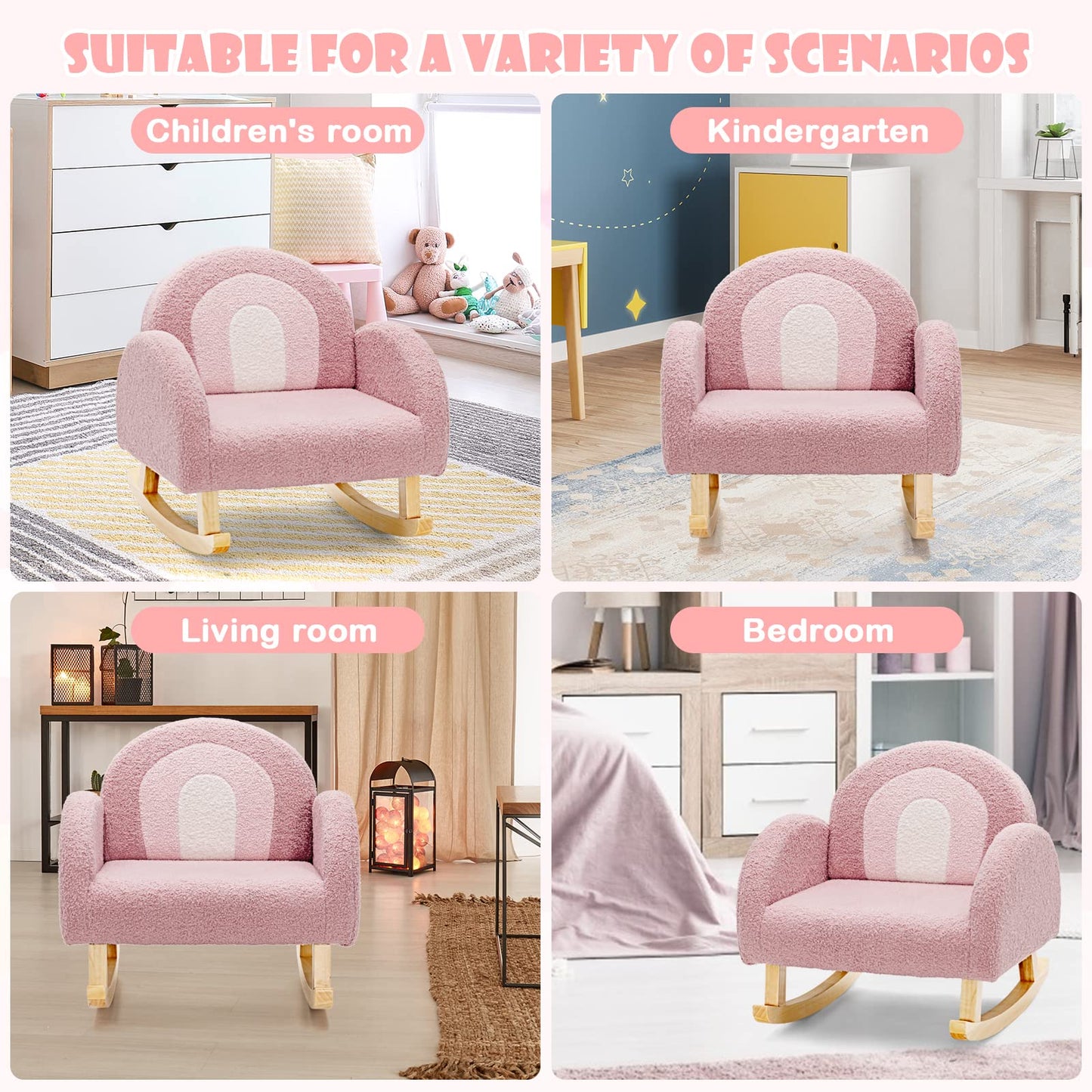 INFANS Kids Sofa, Toddler Rocking Chair with Solid Wooden Frame, Anti-Tipping Design, Plush Fabric, Children Armchair for Nursery Kindergarten Playroom Preschool, Gift for Boys Girls (Pink)