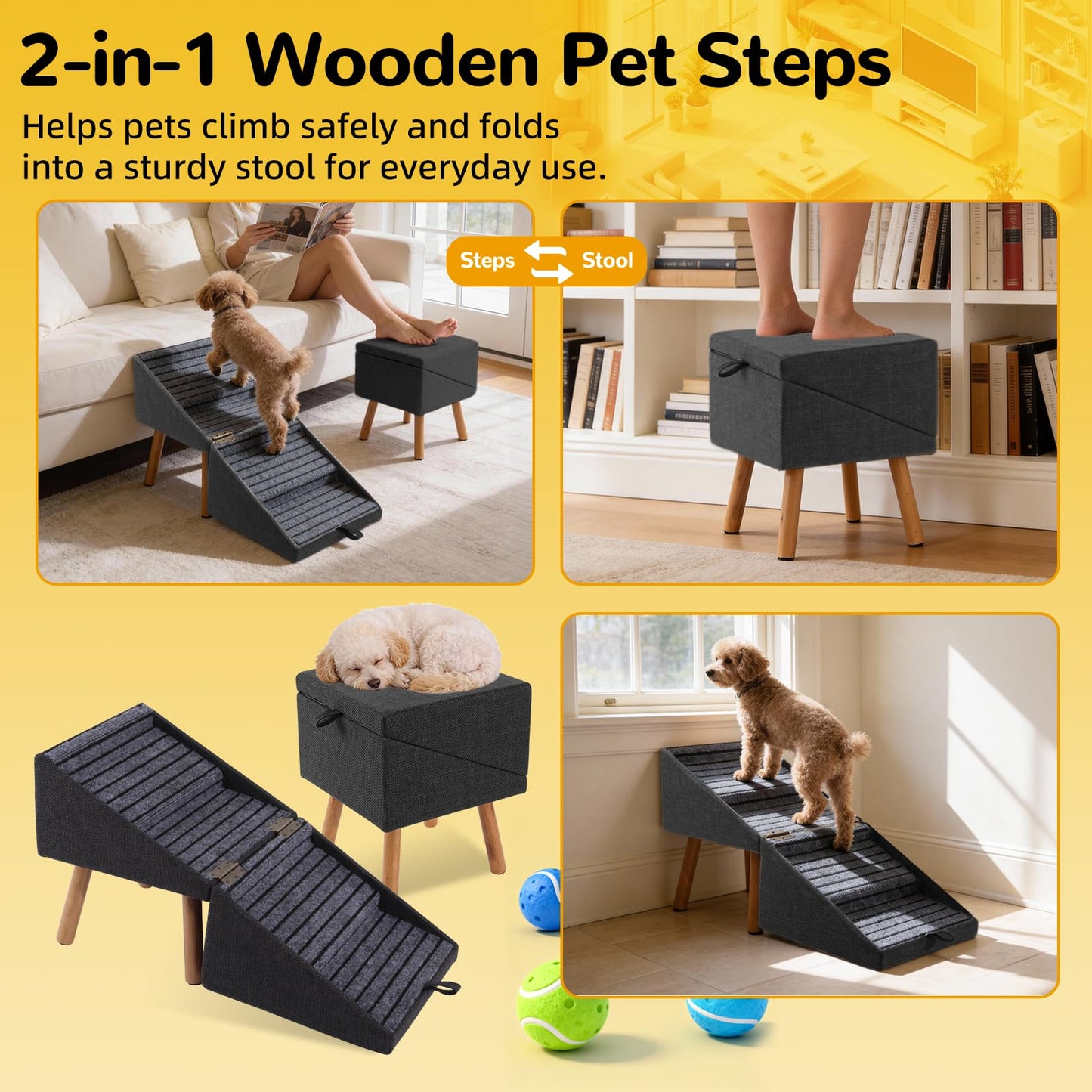 Dog Stairs for Small Dogs 17" H 2-in-1 Foldable