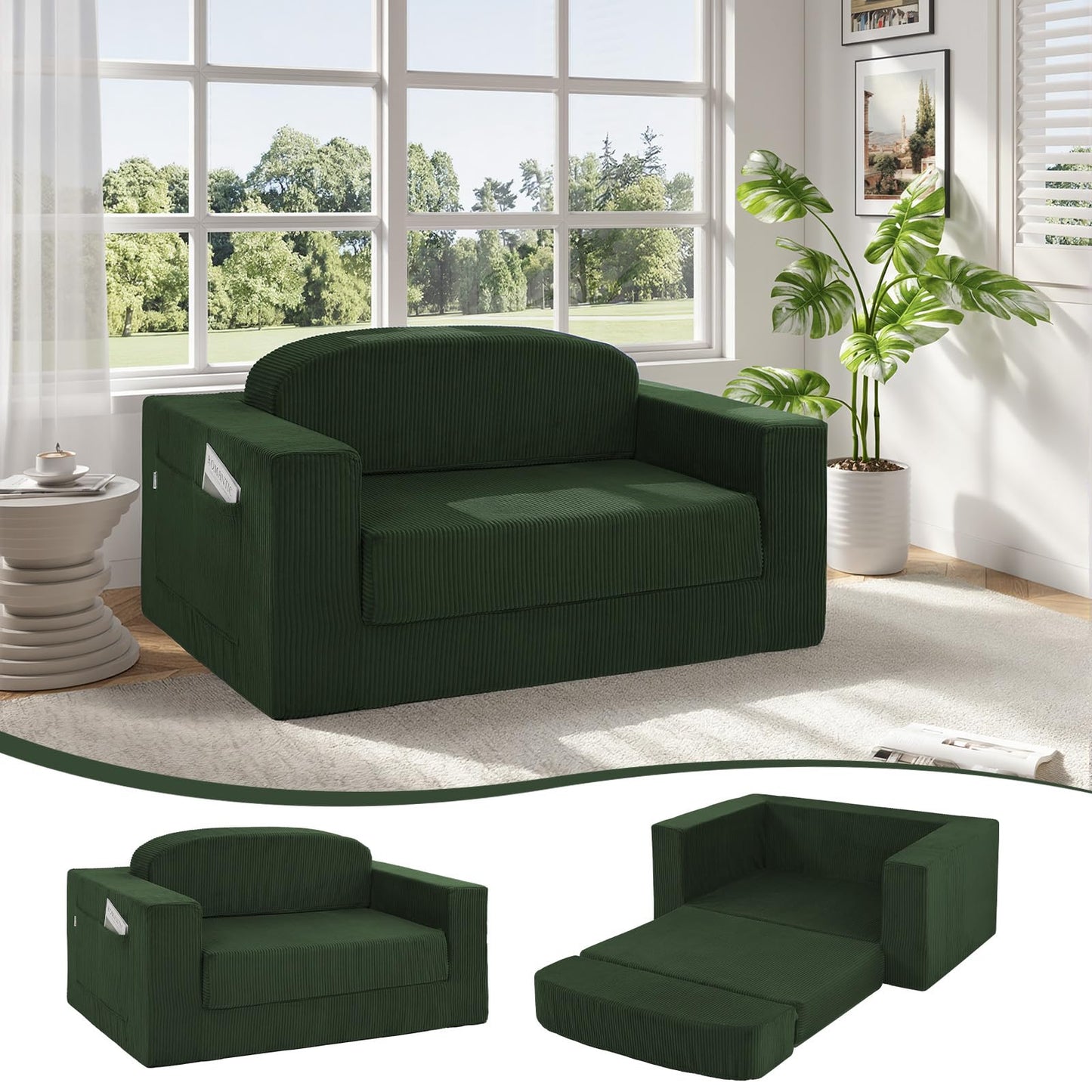 MeMoreCool Green Corduroy Fold-Out Loveseat Sofa Bed – Boneless Convertible Floor Couch with Foam, Compact Sleeper Futon with Washable Cover, No Assembly Required for Small Spaces & Bedroom