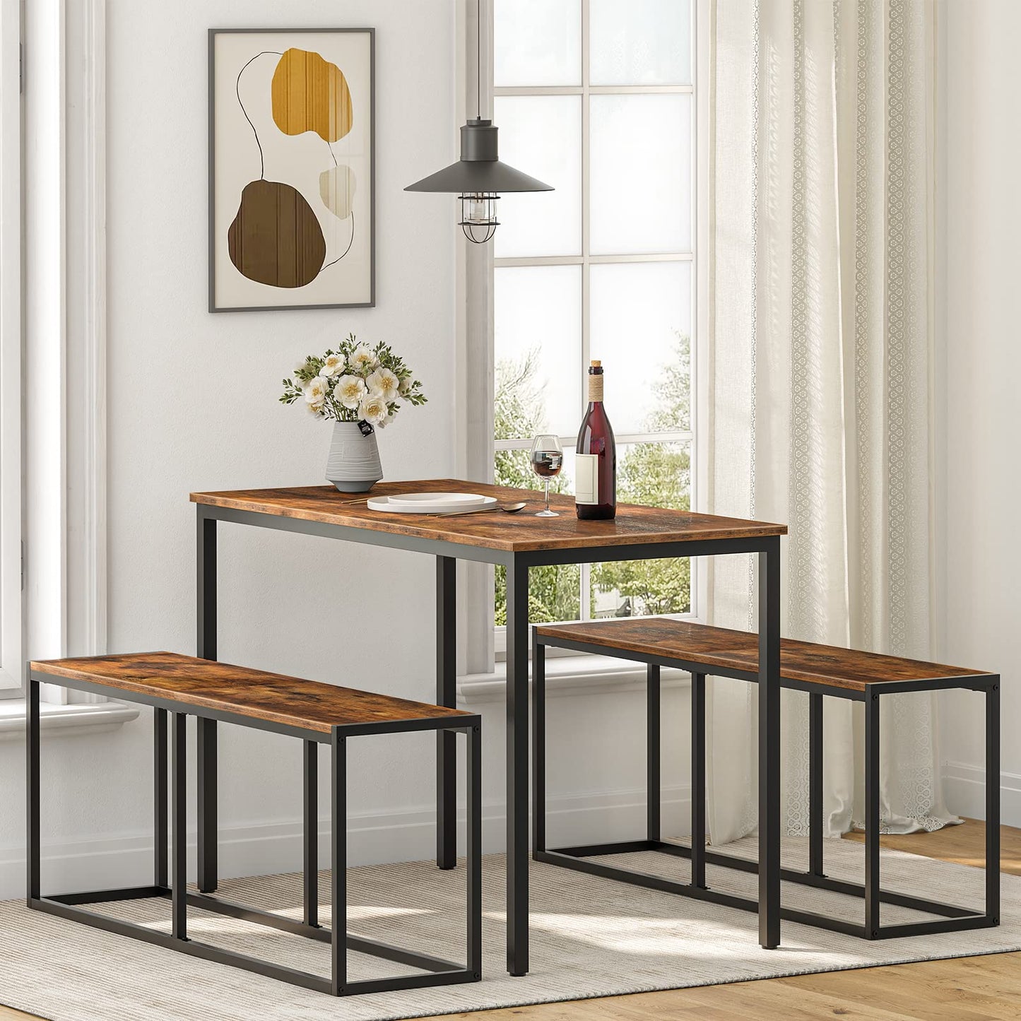 HOOBRO Dining Bench, 47.2 Inch Dining Table Bench, Industrial Style Kitchen Bench, Steel Frame, Easy to Assemble, for Kitchen, Dining Room, Rustic Brown and Black BF12CD01