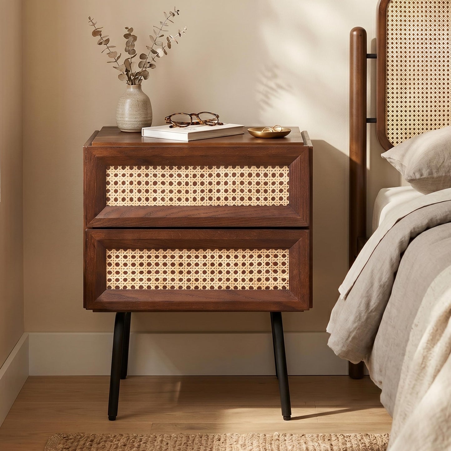 NTC Solid Oak Drawer Face Lulu Nightstand with Natural Rattan Drawer, Mid-Century Side Table for Bedroom, Bedside Furniture, End Table – Waterproof, Heat Resistant, Easy to Assemble – Dark Walnut