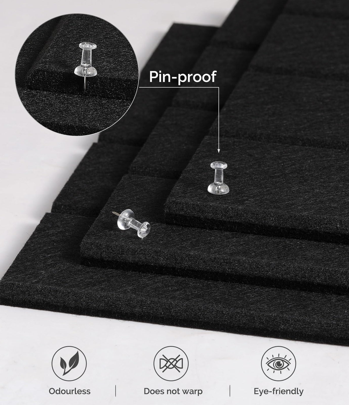 Bounmer Large Cork Board Alternative 48“ x 36”, 12-Pack Felt Bulletin Board Tiles with 60 Safe Removable Adhesive Tabs & 30 Pushpins, Cork Boards for Office Walls Decor (Black)