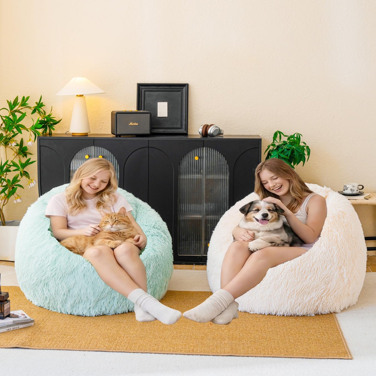 Beige faux fur bean bag chair covers (No Filler), comfy Fluffy Beige bean bag chair Cover for bedroom, stuffed animal Storage, kids adults teens girls bean bag chairs, Anti-Slip