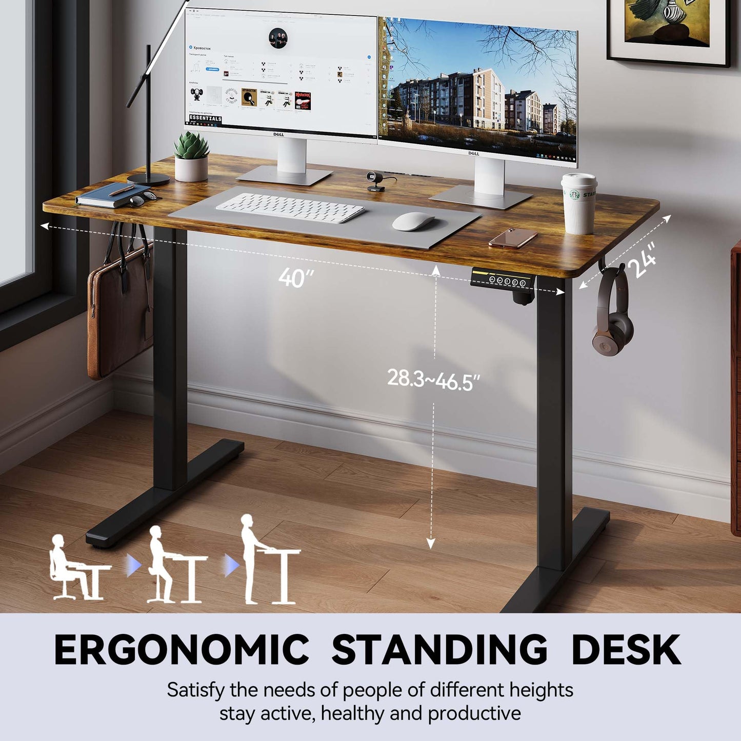 Gamork Electric Standing Desk,40x24 Inches Adjustable Height Stand up Desk, Sit Stand Home Office Desk with Splice Board, 3 Preset Heights,Equipped with Hooks,Ergonomic Computer Workstation，Brown