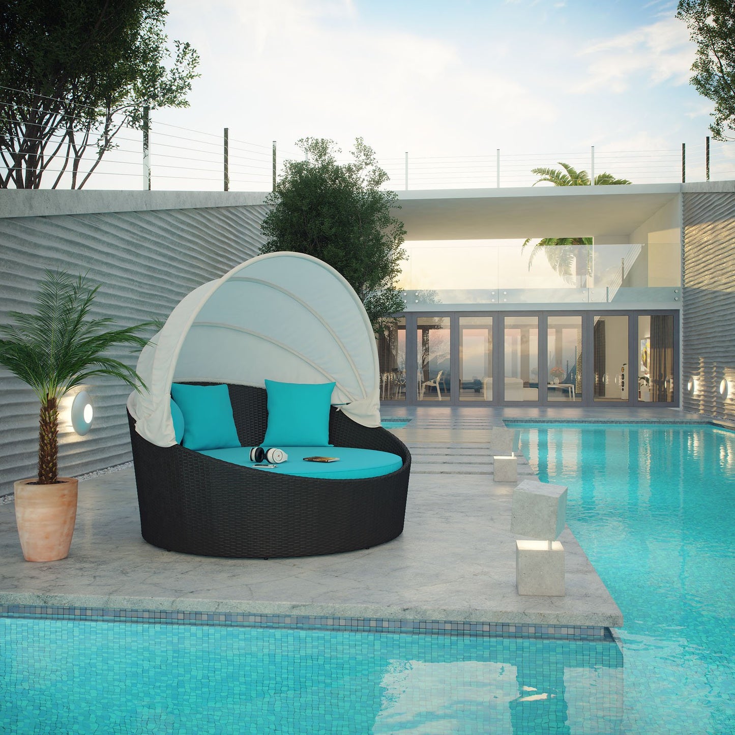 Modway Siesta Wicker Rattan Outdoor Patio Canopy Daybed in Espresso Turquoise