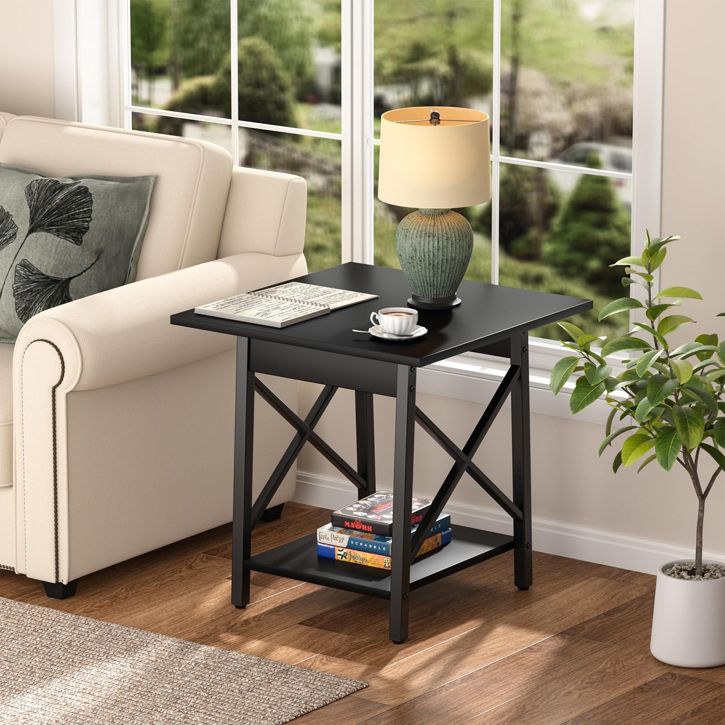 GreenForest Square End Table for Living Room, 24 Inch Large Side Table with X-Frame, Farmhouse Tall Bedside Nightstand with 2-Tier Storage Shelf, Black