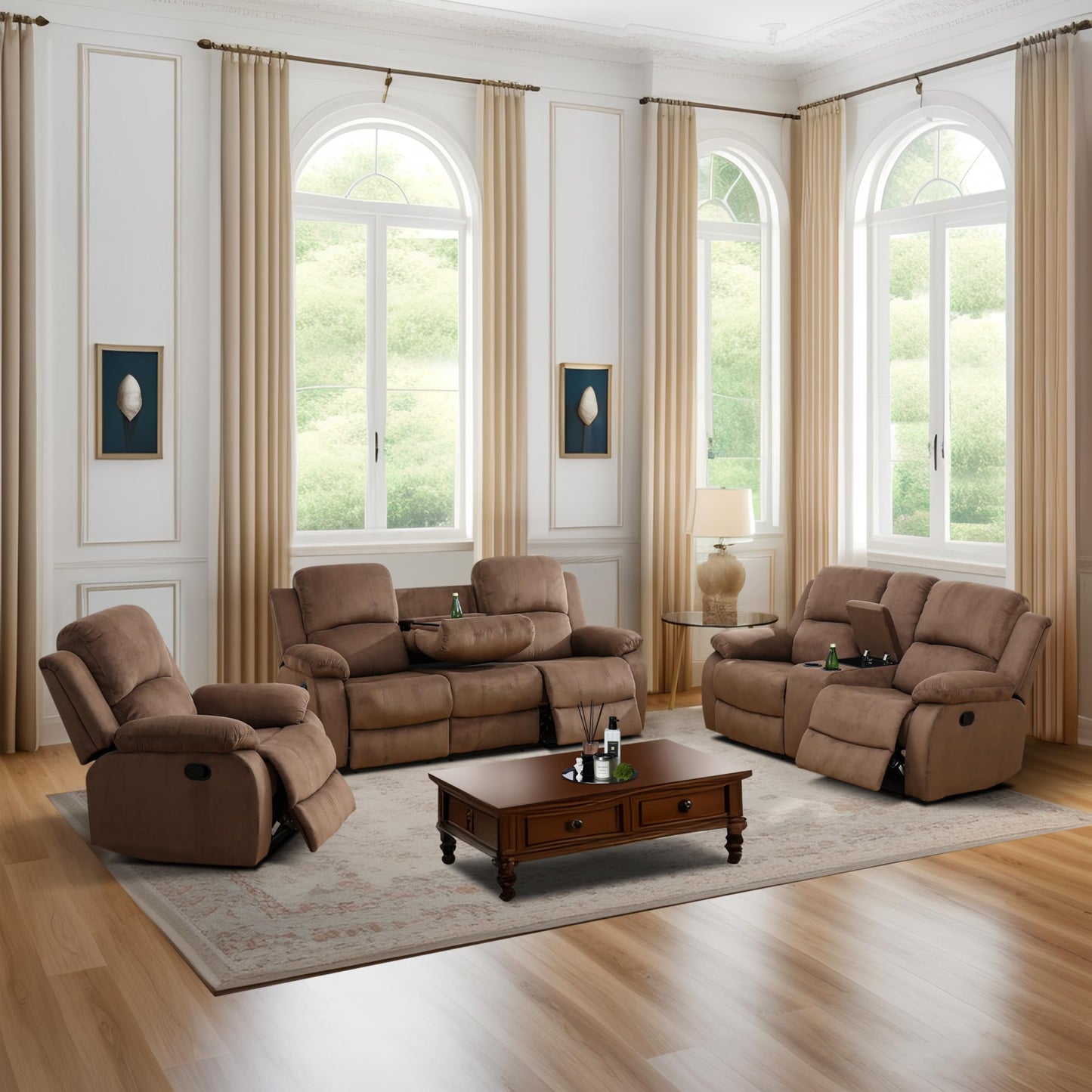 Manual Reclining Sofa Set, 3-Piece Brown Corduroy Recliner with Drop-Down Table & Storage Console, Cozy Living Room Furniture with Cup Holder for Home, Apartment
