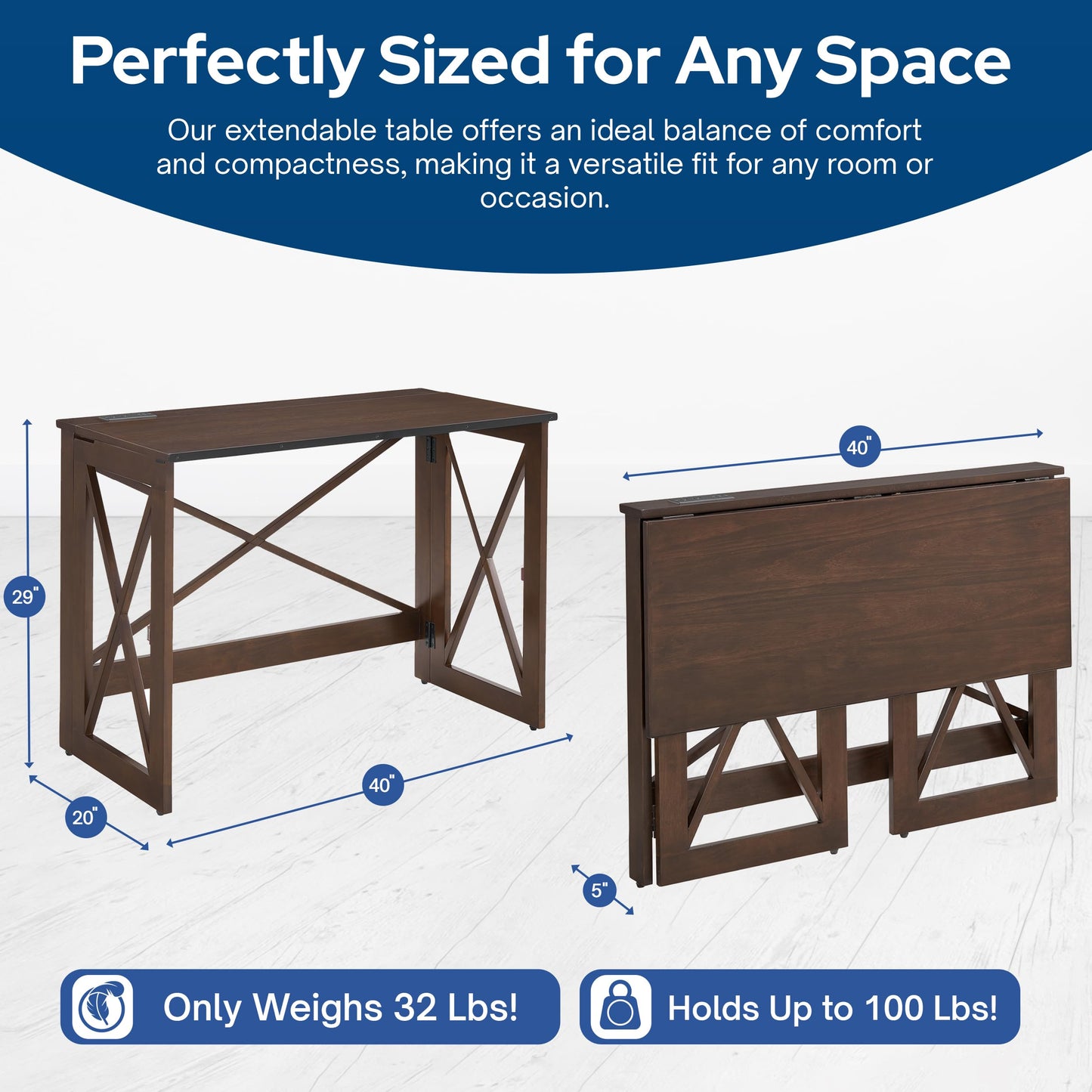 MECO Stakmore 110 Volt Stylish Versatile Expandable Folding Desk with Built in Outlets for Home Office, Den, or Living Room, Espresso