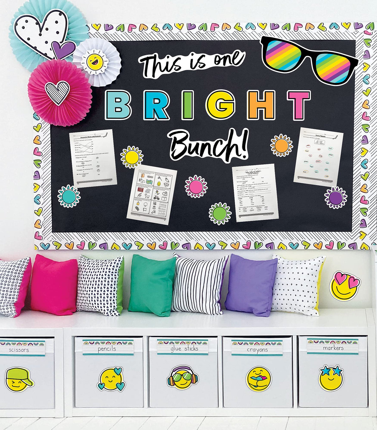 Carson Dellosa Kind Vibes Bulletin Board Set—This is One Bright Bunch Motivational Header with Sunglasses and Sun Cutouts, Bulletin Board Decor (39 pc)