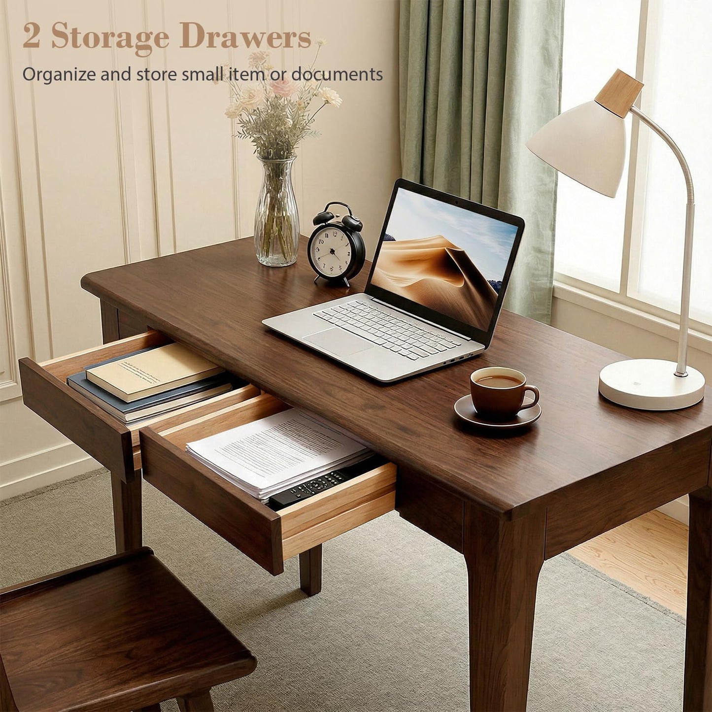 Zevemomo 47" Solid Wood Desk, Walnut Wooden Office Executive Desk with 2 Storage Drawers, Modern Gaming Sturdy Writing Table, Solid Wood Computer PC Workstation, Wooden Table for Bedroom Living Room
